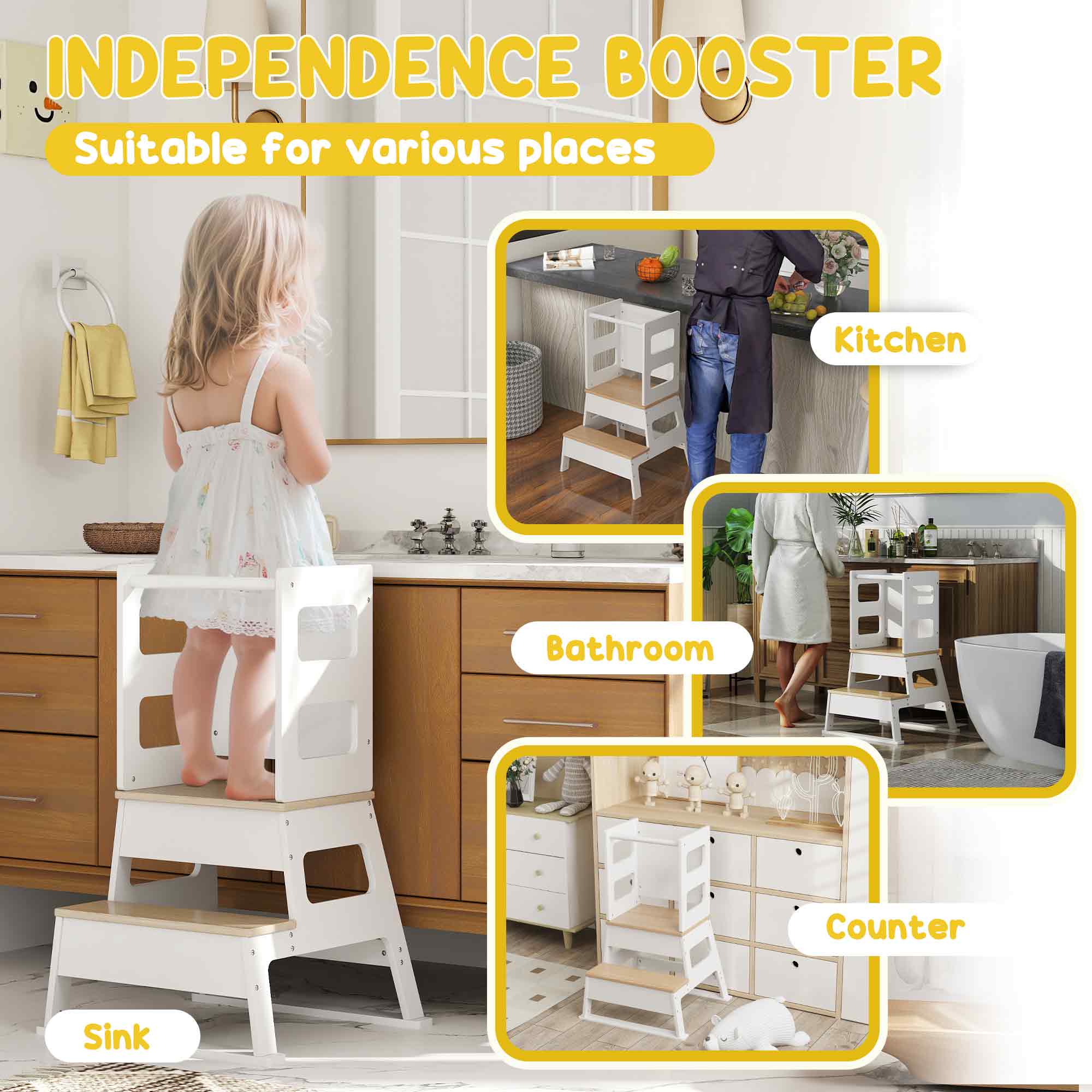 Qaba 2 in 1 Toddler Tower Kitchen Helper w/ Chalkboard, Safety Rail, for Counter, Bathroom, Sink, Kitchen, White-Toys & Games > Toddler & Kids Furniture > Toddler & Kids Step Stools-DECOROLALA