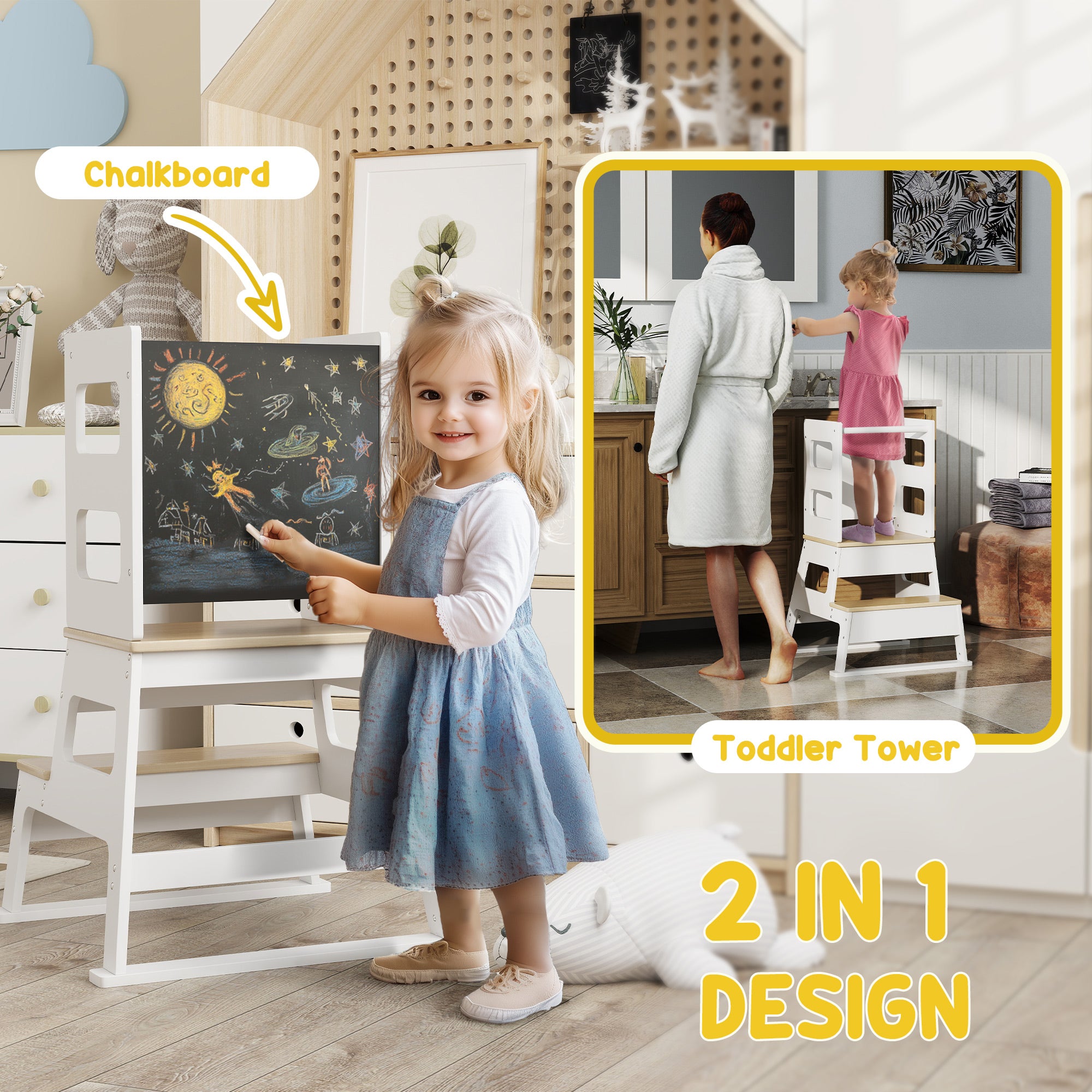 Qaba 2 in 1 Toddler Tower Kitchen Helper w/ Chalkboard, Safety Rail, for Counter, Bathroom, Sink, Kitchen, White-Toys & Games > Toddler & Kids Furniture > Toddler & Kids Step Stools-DECOROLALA
