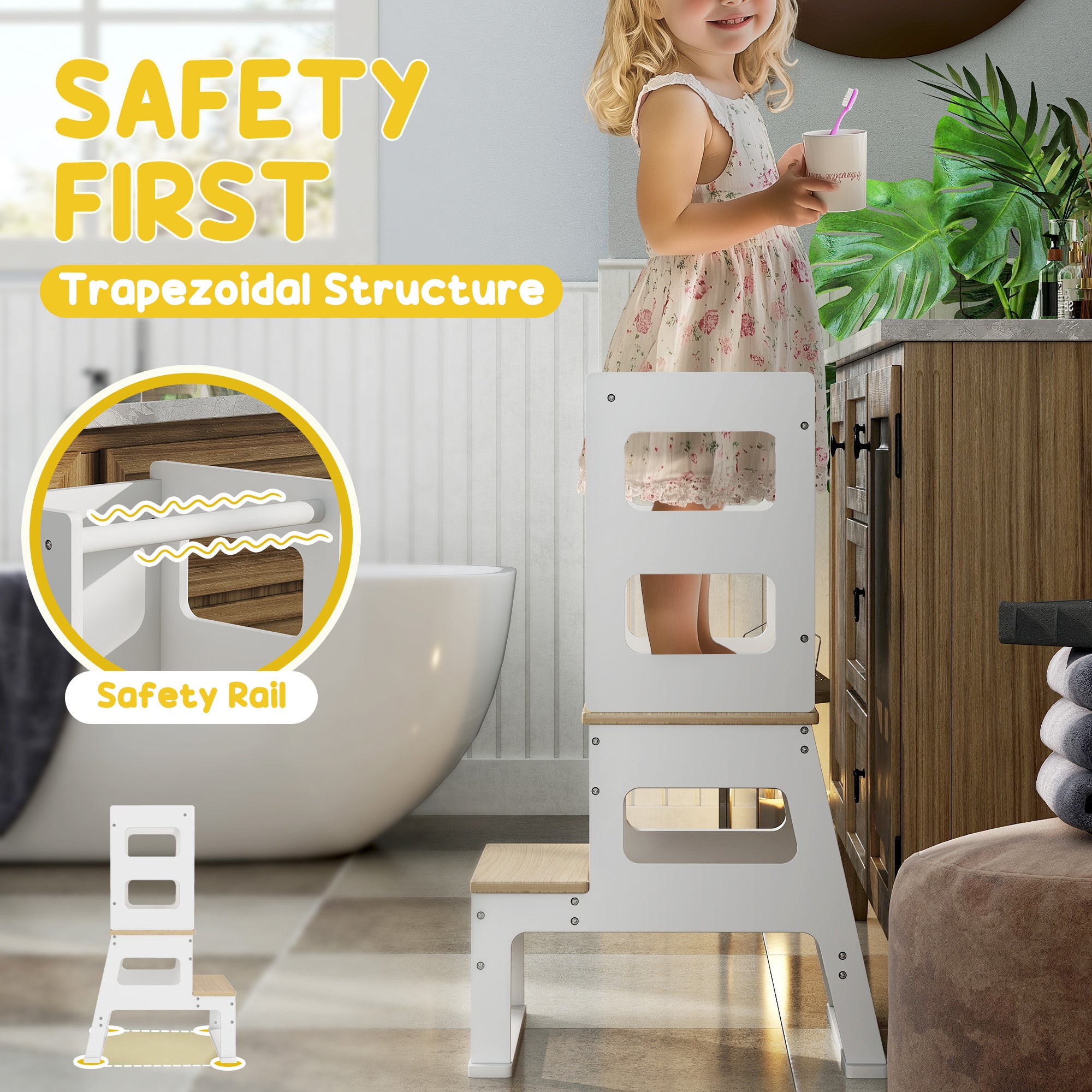 Qaba 2 in 1 Toddler Tower Kitchen Helper w/ Chalkboard, Safety Rail, for Counter, Bathroom, Sink, Kitchen, White-Toys & Games > Toddler & Kids Furniture > Toddler & Kids Step Stools-DECOROLALA