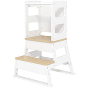 Qaba 2 in 1 Toddler Tower Kitchen Helper w/ Chalkboard, Safety Rail, for Counter, Bathroom, Sink, Kitchen, White-Toys & Games > Toddler & Kids Furniture > Toddler & Kids Step Stools-DECOROLALA