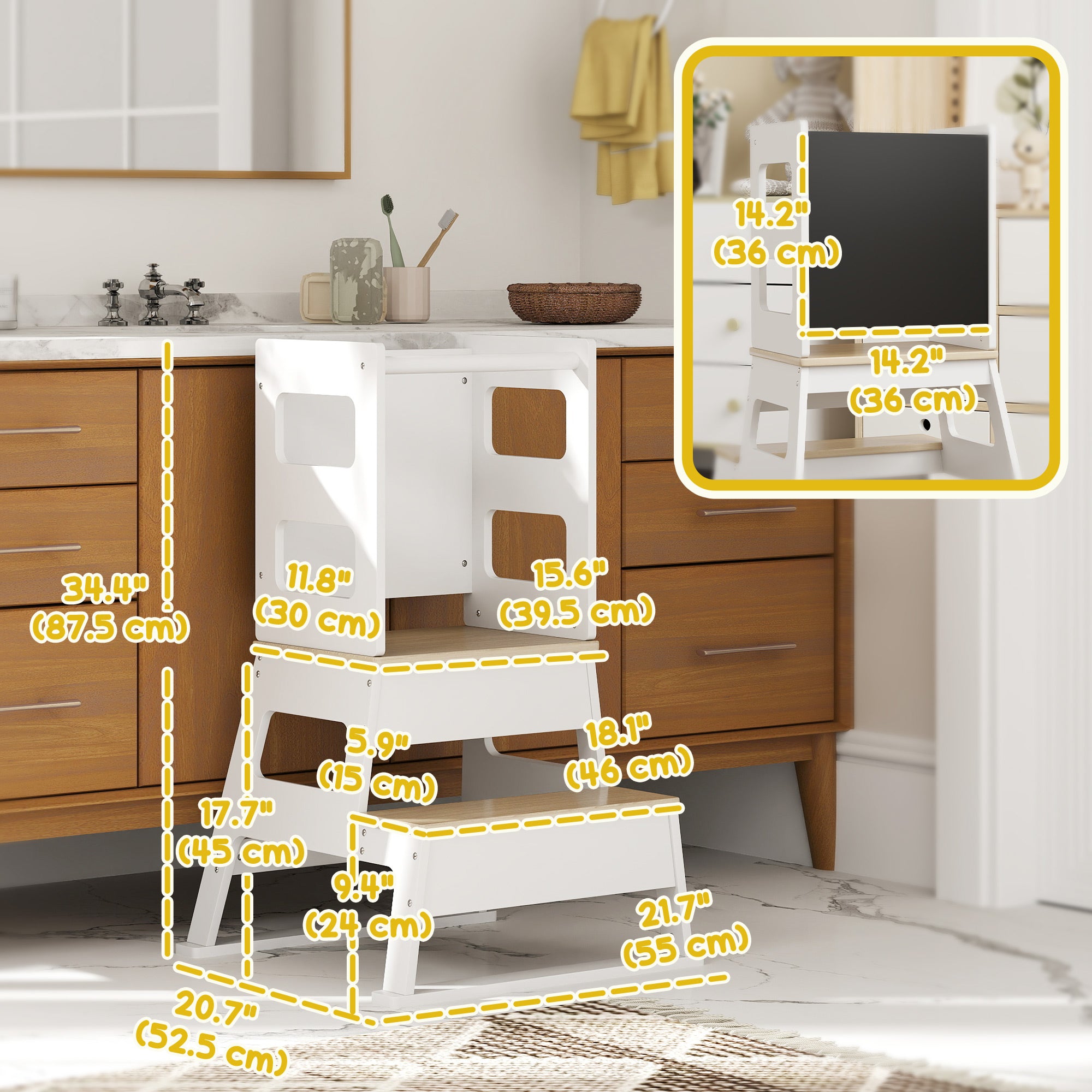 Qaba 2-in-1 Toddler Tower Kitchen Helper with Chalkboard - White-Toys & Games > Toddler & Kids Furniture > Toddler & Kids Step Stools-DECOROLALA