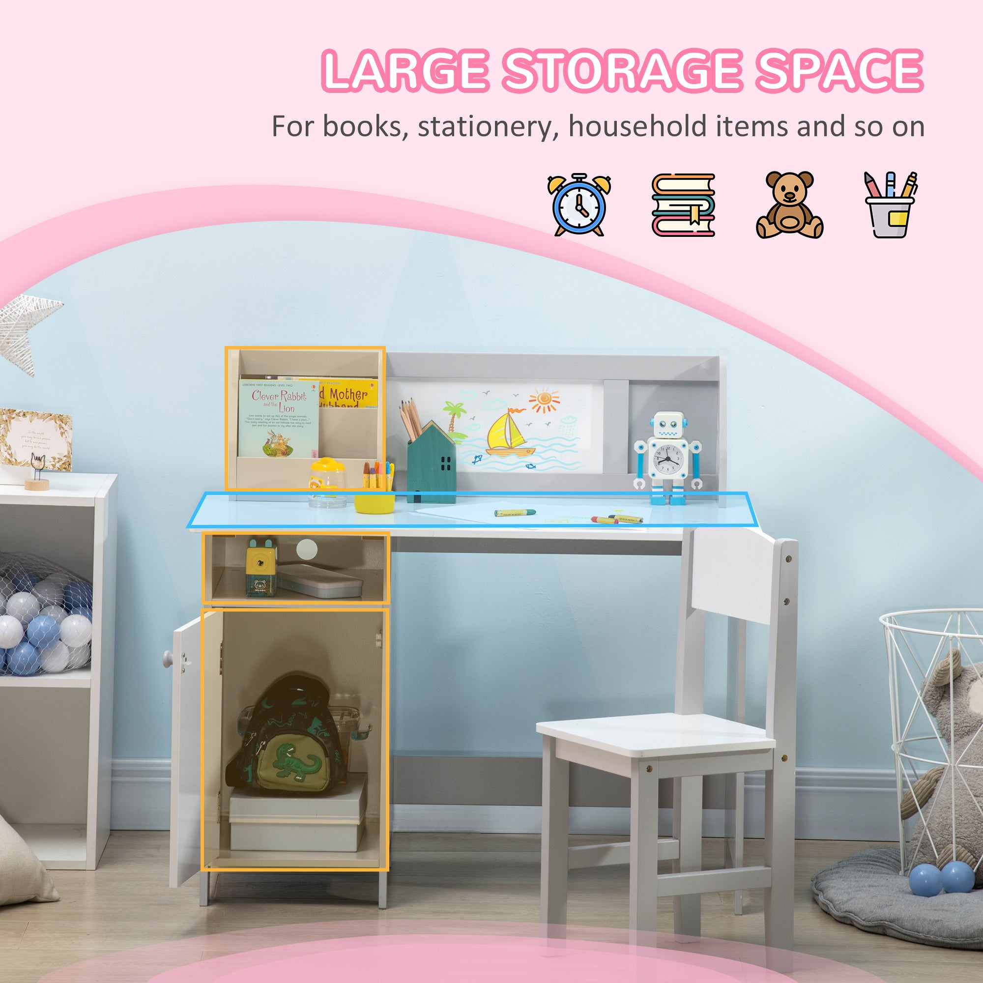 Qaba 2Pcs Kids Desk and Chair Set with Whiteboard, Storage, Shelves, Grey-Toys & Games > Toddler & Kids Furniture > Kids Desk Sets-DECOROLALA
