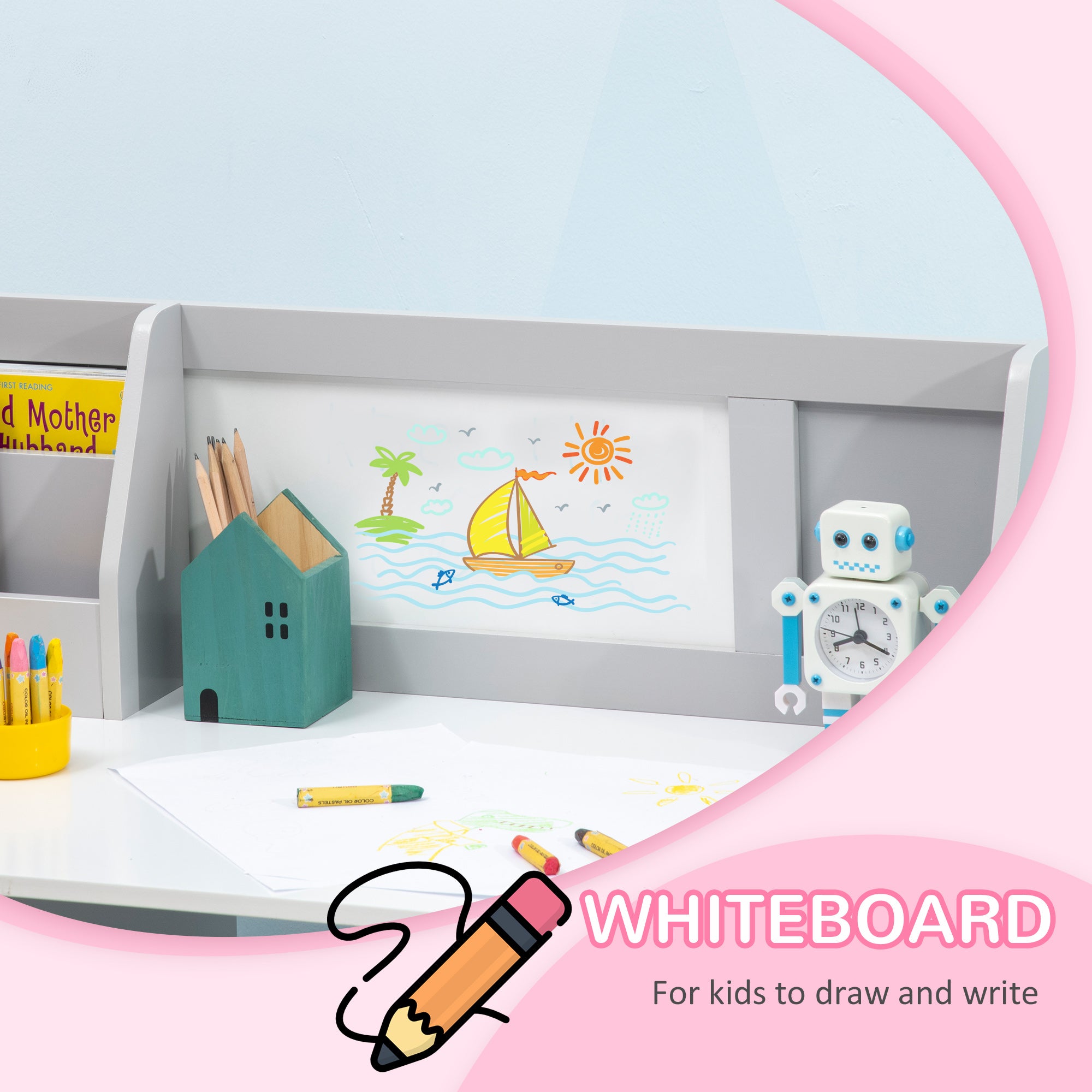 Qaba 2Pcs Kids Desk and Chair Set with Whiteboard, Storage, Shelves, Grey-Toys & Games > Toddler & Kids Furniture > Kids Desk Sets-DECOROLALA