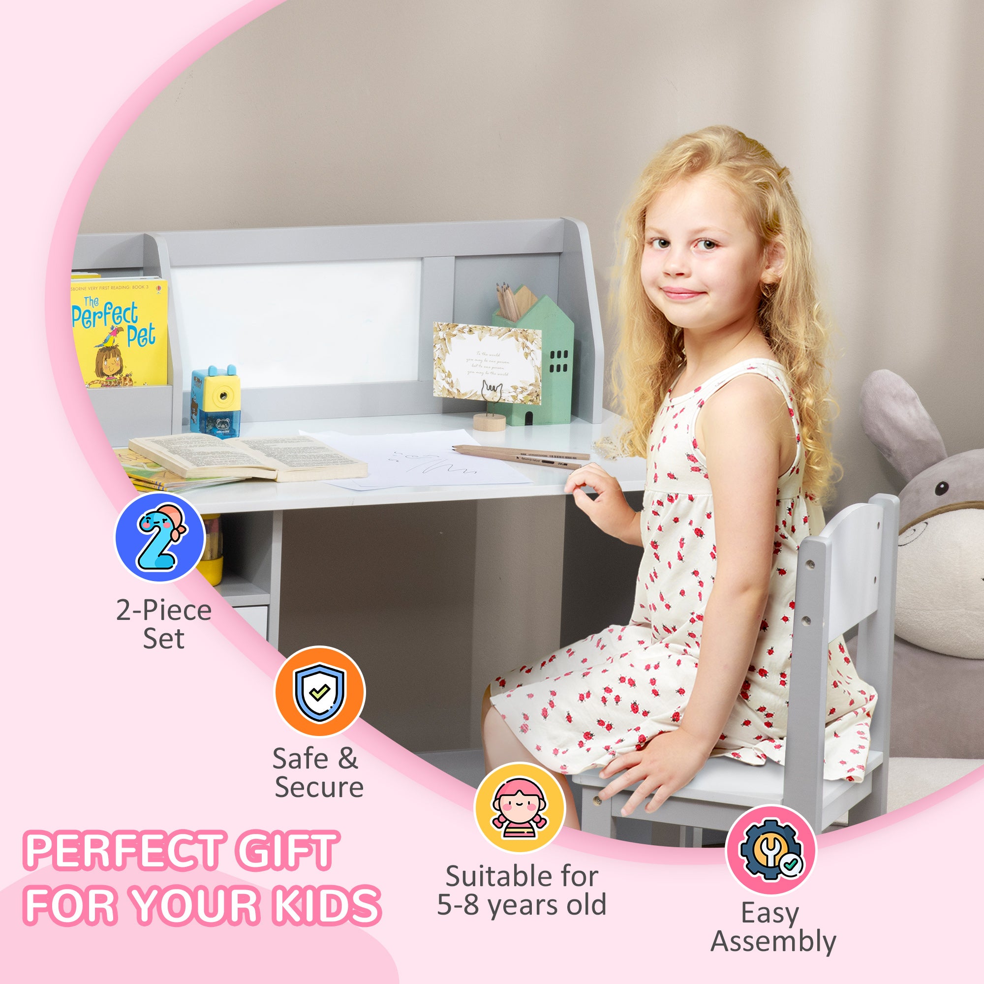 Qaba 2Pcs Kids Desk and Chair Set with Whiteboard, Storage, Shelves, Grey-Toys & Games > Toddler & Kids Furniture > Kids Desk Sets-DECOROLALA