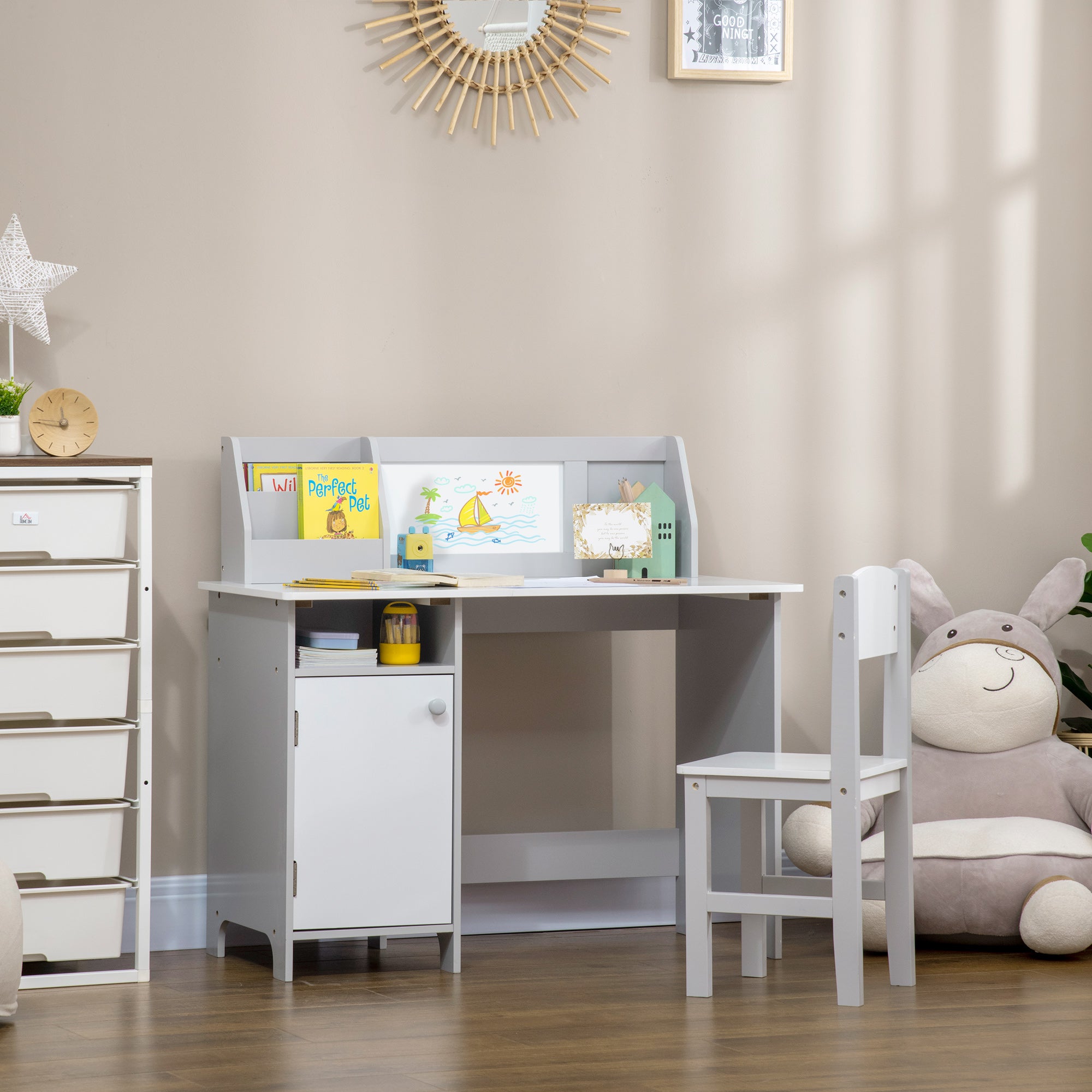 Qaba 2Pcs Kids Desk and Chair Set with Whiteboard, Storage, Shelves, Grey-Toys & Games > Toddler & Kids Furniture > Kids Desk Sets-DECOROLALA