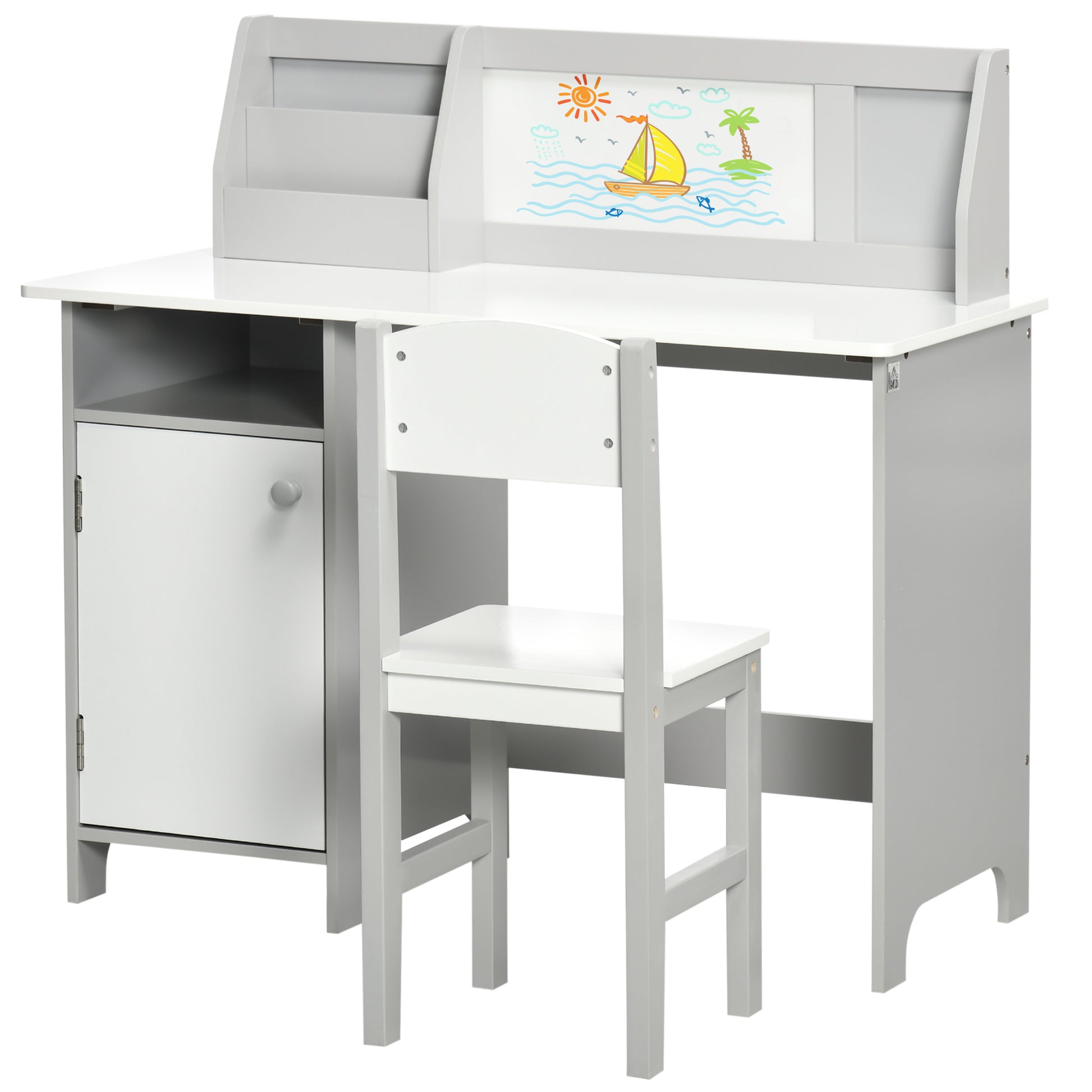 Qaba 2Pcs Kids Desk and Chair Set with Whiteboard, Storage, Shelves, Grey-Toys & Games > Toddler & Kids Furniture > Kids Desk Sets-DECOROLALA