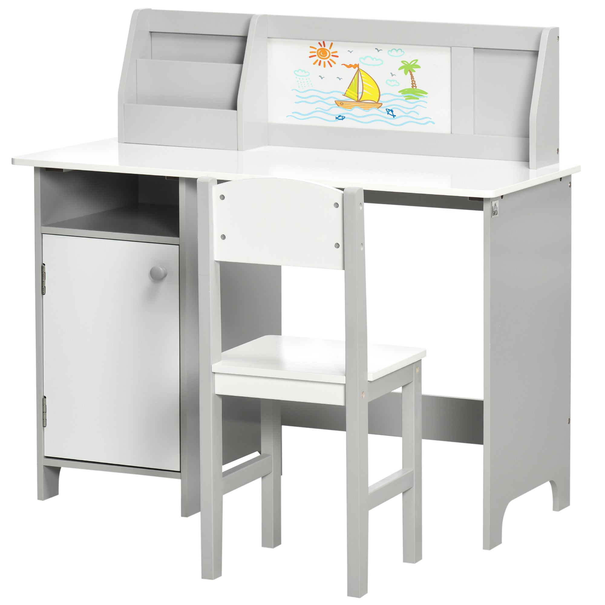 Qaba 2Pcs Kids Desk and Chair Set with Whiteboard, Storage, Shelves, Grey-Toys & Games > Toddler & Kids Furniture > Kids Desk Sets-DECOROLALA