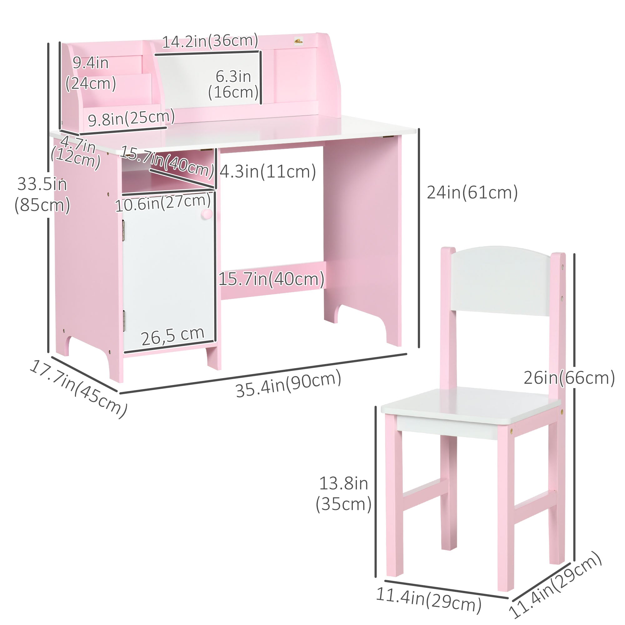 Qaba 2Pcs Kids Desk and Chair Set with Whiteboard, Storage, Shelves, Pink-Toys & Games > Toddler & Kids Furniture > Kids Table Sets-DECOROLALA