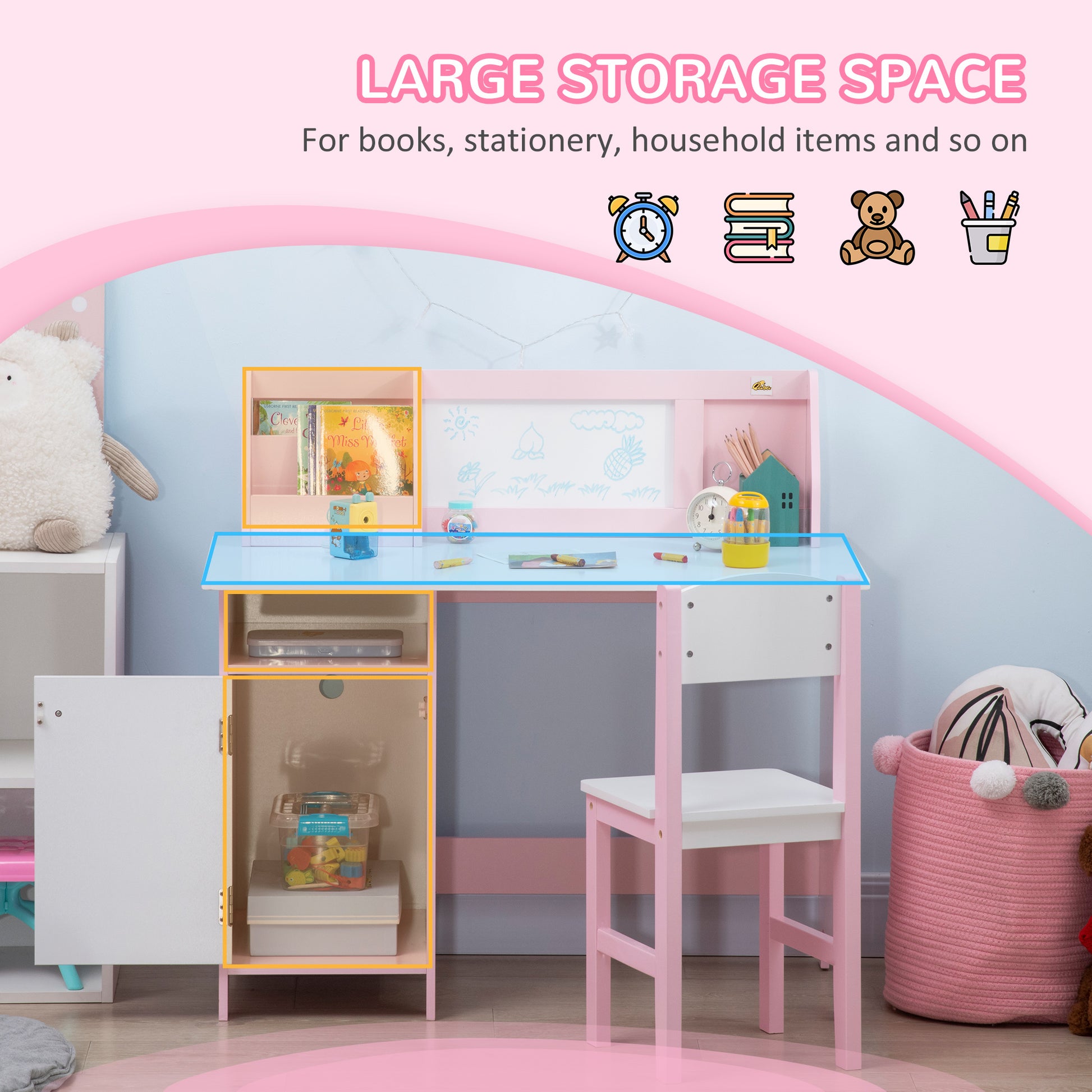 Qaba 2Pcs Kids Desk and Chair Set with Whiteboard, Storage, Shelves, Pink-Toys & Games > Toddler & Kids Furniture > Kids Table Sets-DECOROLALA