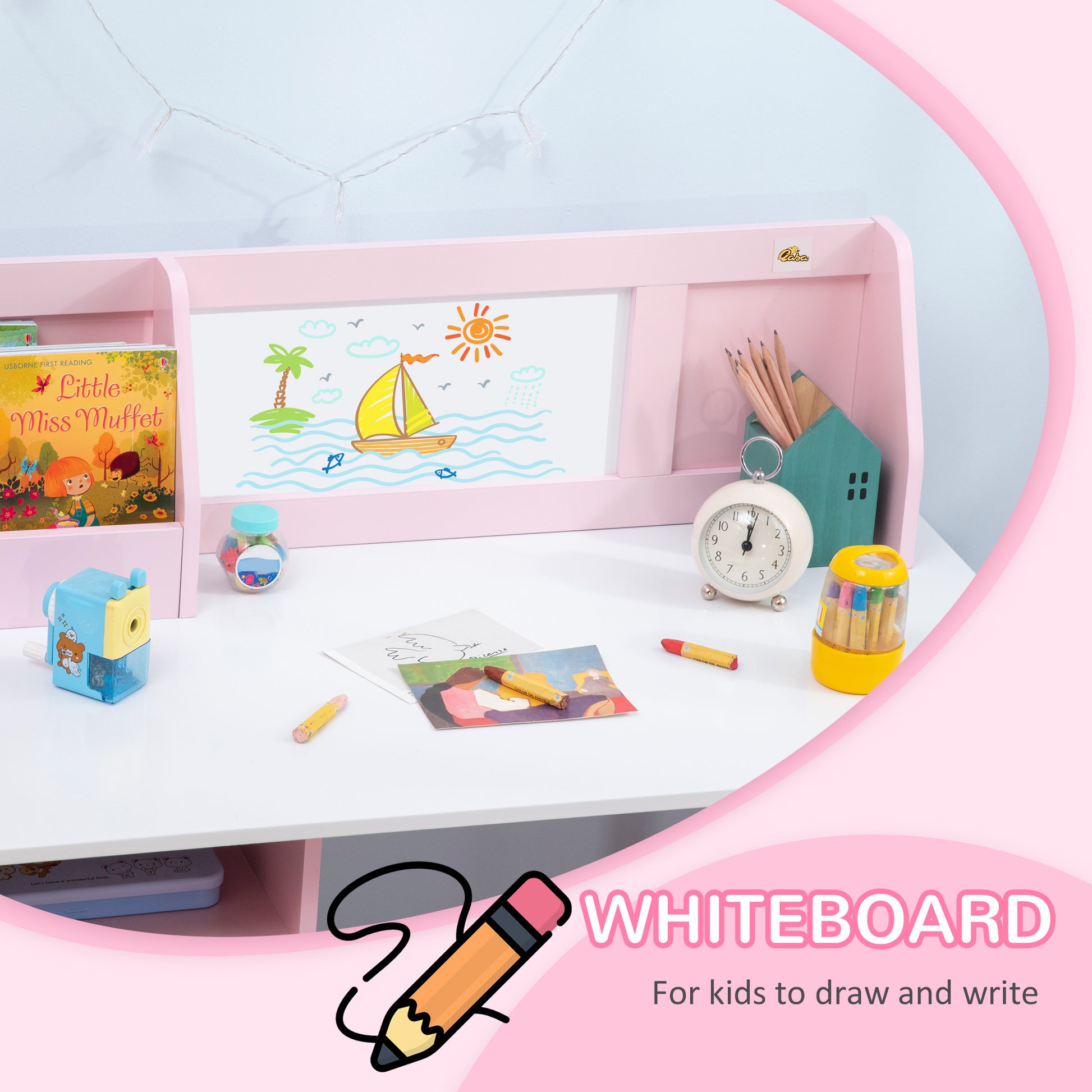 Qaba 2Pcs Kids Desk and Chair Set with Whiteboard, Storage, Shelves, Pink-Toys & Games > Toddler & Kids Furniture > Kids Table Sets-DECOROLALA