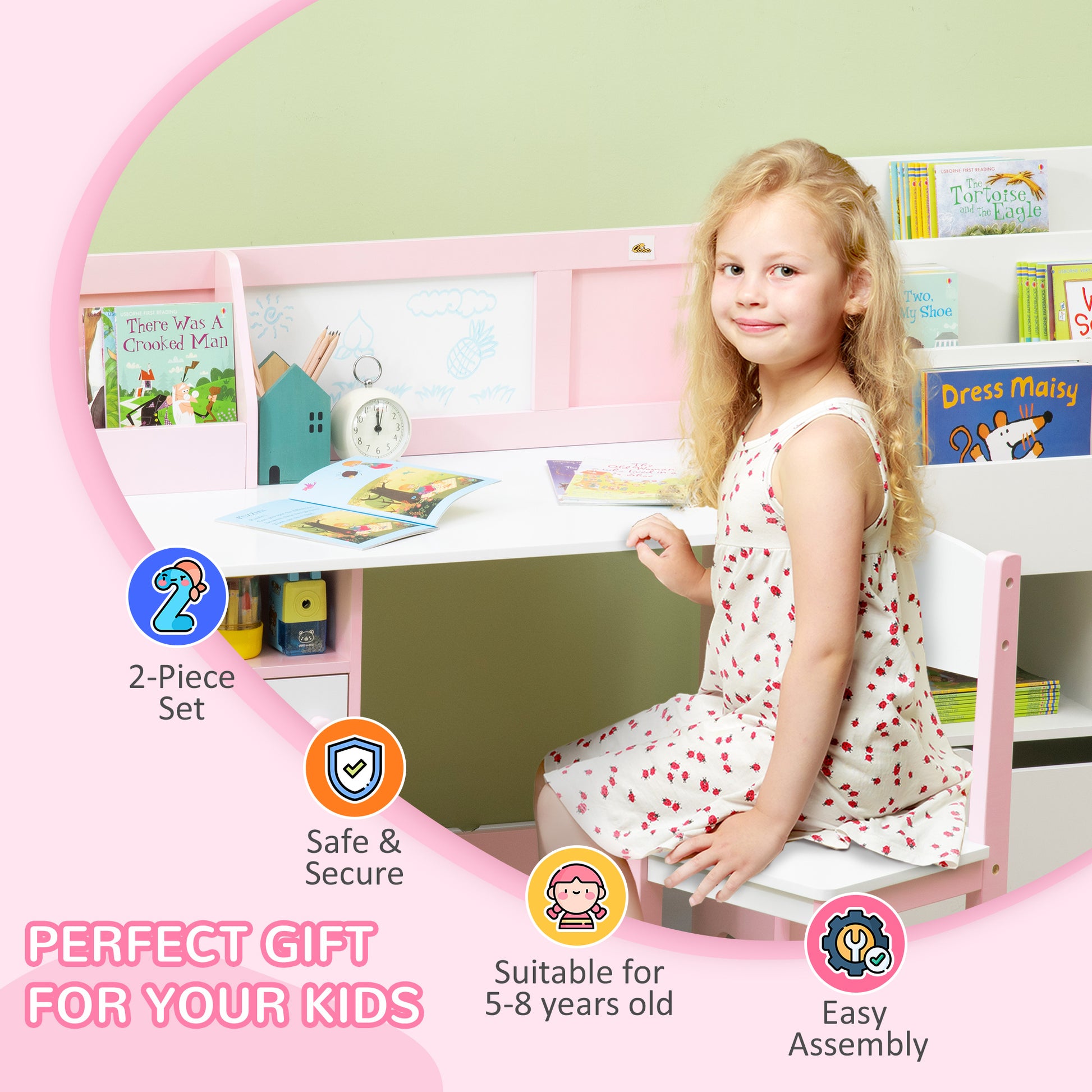 Qaba 2Pcs Kids Desk and Chair Set with Whiteboard, Storage, Shelves, Pink-Toys & Games > Toddler & Kids Furniture > Kids Table Sets-DECOROLALA