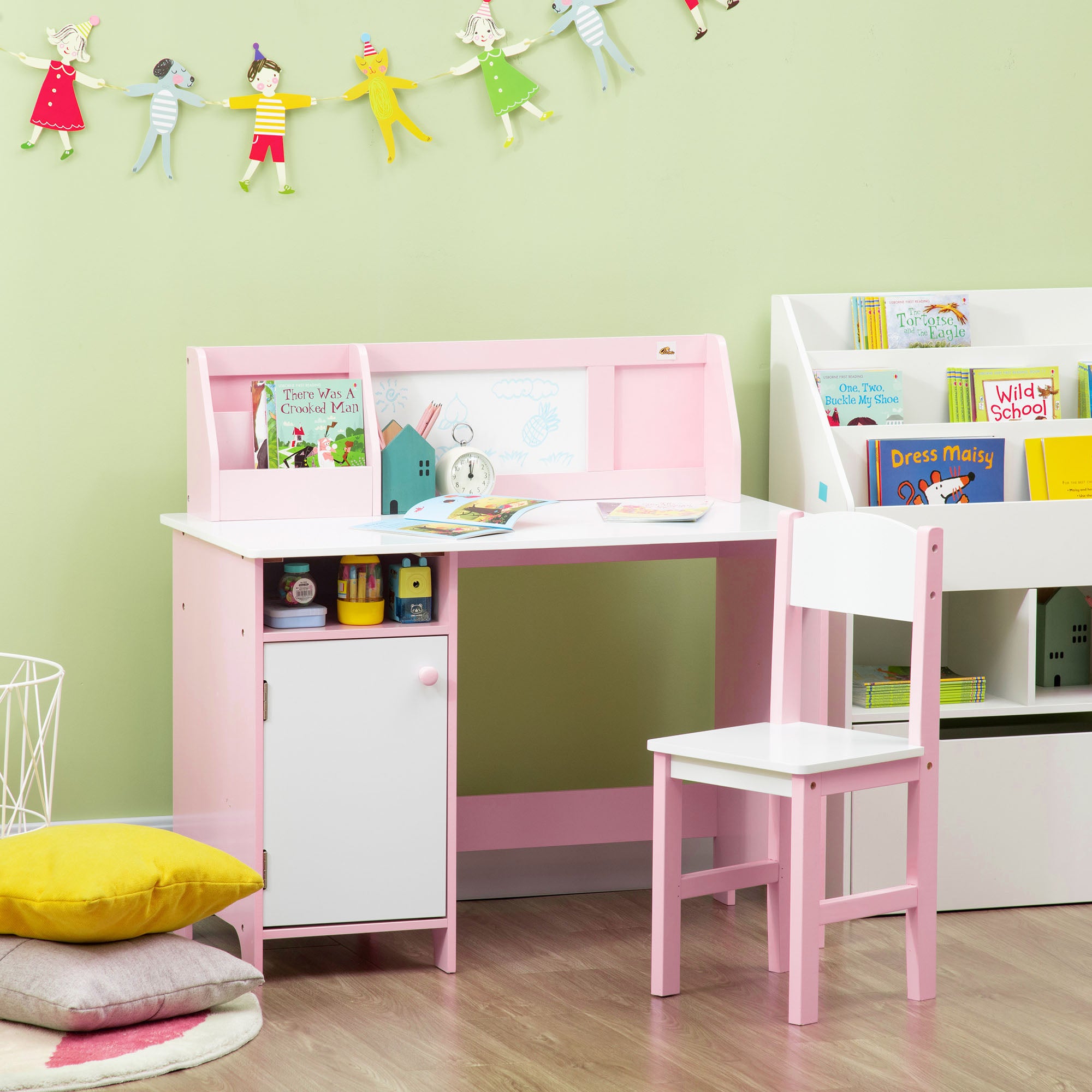 Qaba 2Pcs Kids Desk and Chair Set with Whiteboard, Storage, Shelves, Pink-Toys & Games > Toddler & Kids Furniture > Kids Table Sets-DECOROLALA
