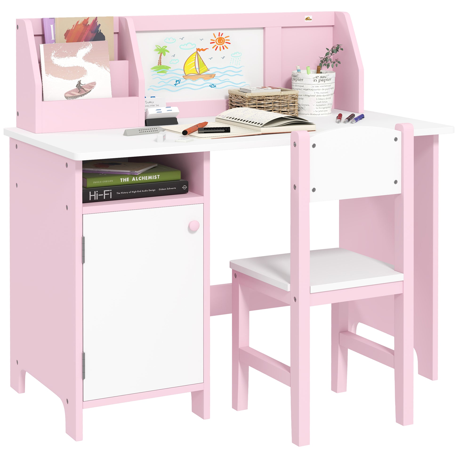 Qaba 2Pcs Kids Desk and Chair Set with Whiteboard, Storage, Shelves, Pink-Toys & Games > Toddler & Kids Furniture > Kids Table Sets-DECOROLALA
