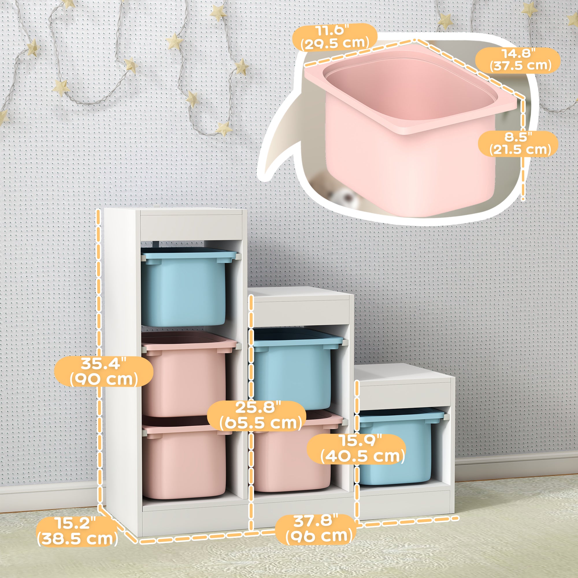 Qaba 3 Layers Toy Storage Organizer Kids Bookshelf Children Toy Storage w/ 6 Plastic Bins, Blue & Pink-Toys & Games > Toddler & Kids Furniture > Baby & Kids Storage-DECOROLALA