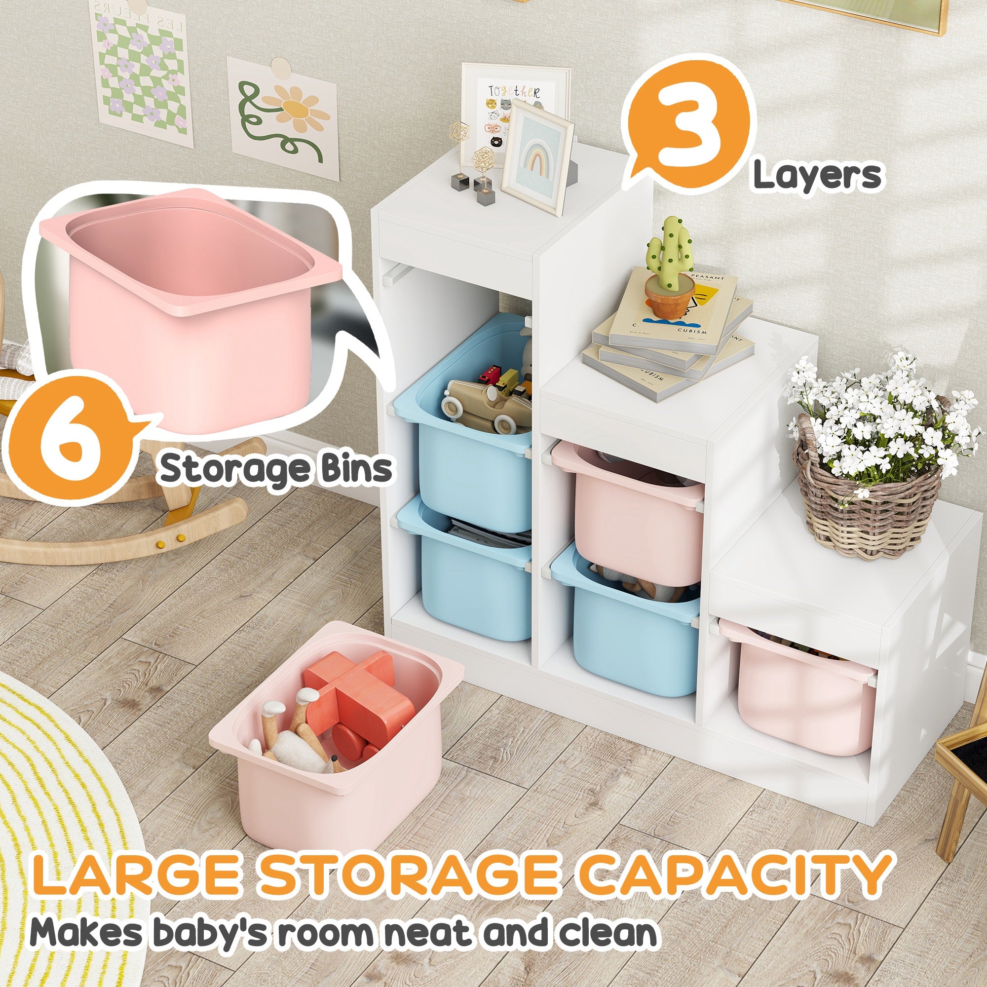 Qaba 3 Layers Toy Storage Organizer Kids Bookshelf Children Toy Storage w/ 6 Plastic Bins, Blue & Pink-Toys & Games > Toddler & Kids Furniture > Baby & Kids Storage-DECOROLALA
