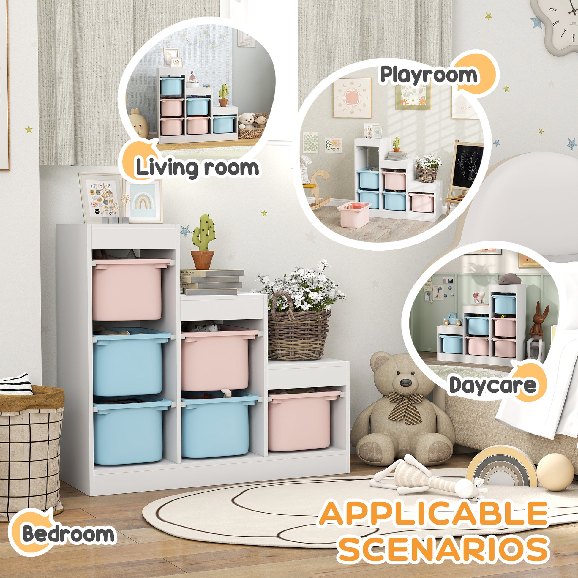 Qaba 3 Layers Toy Storage Organizer Kids Bookshelf Children Toy Storage w/ 6 Plastic Bins, Blue & Pink-Toys & Games > Toddler & Kids Furniture > Baby & Kids Storage-DECOROLALA