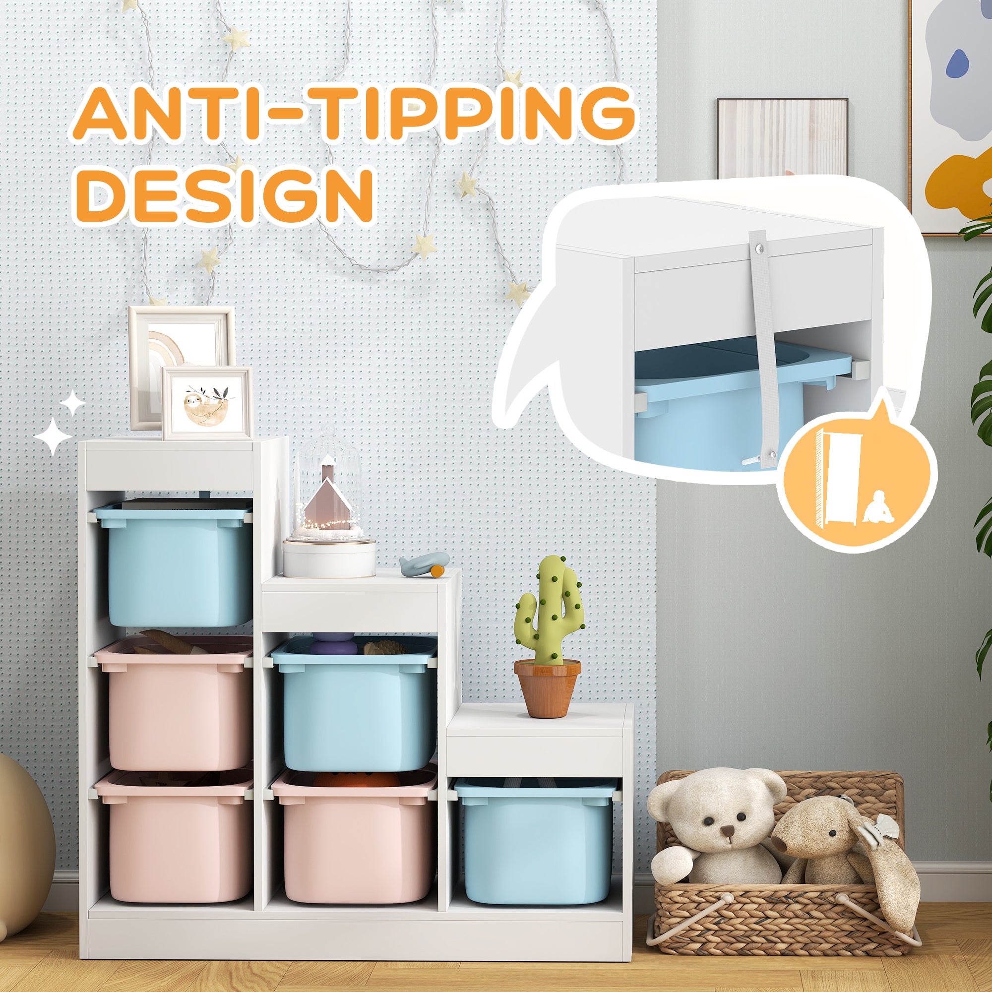 Qaba 3 Layers Toy Storage Organizer Kids Bookshelf Children Toy Storage w/ 6 Plastic Bins, Blue & Pink-Toys & Games > Toddler & Kids Furniture > Baby & Kids Storage-DECOROLALA