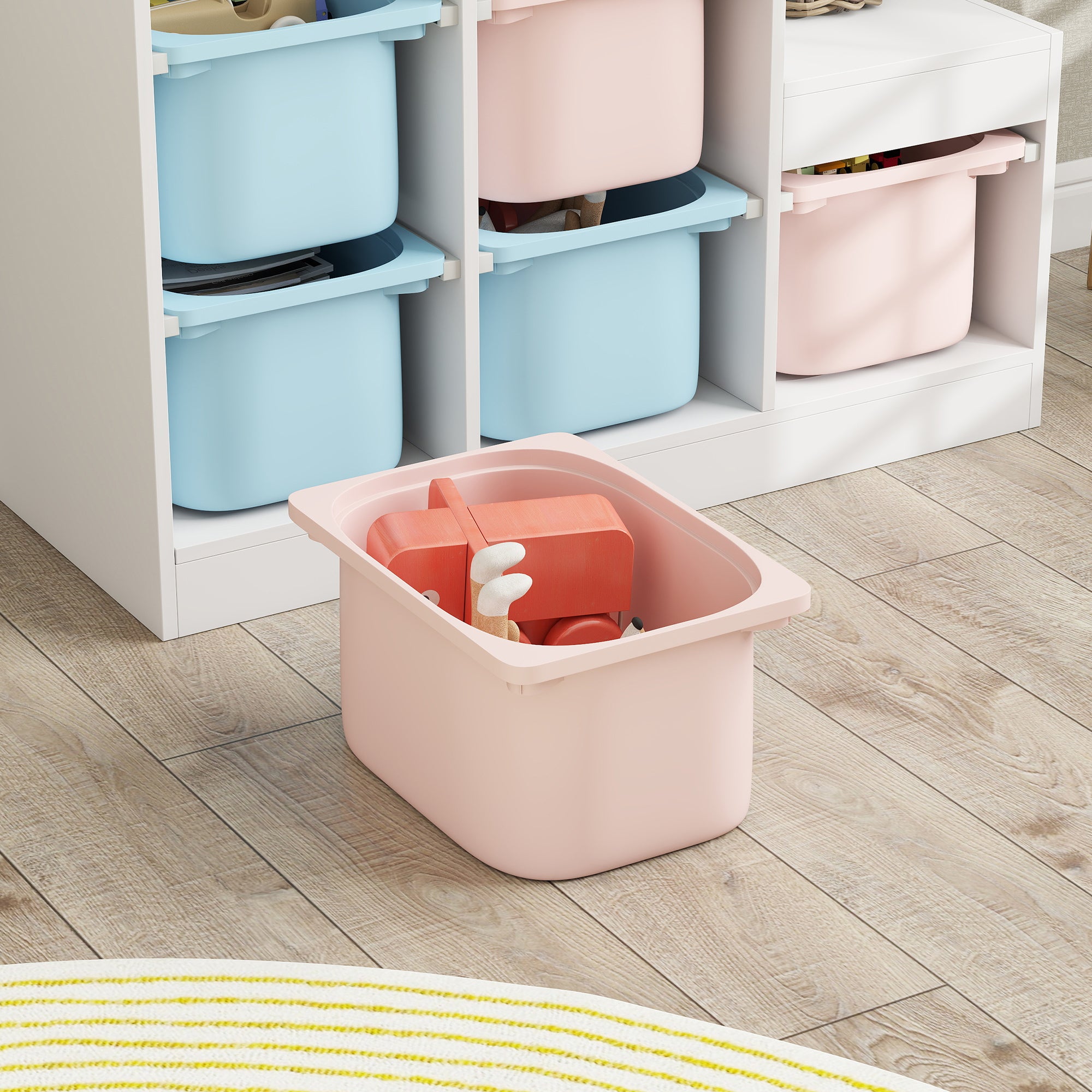 Qaba 3 Layers Toy Storage Organizer Kids Bookshelf Children Toy Storage w/ 6 Plastic Bins, Blue & Pink-Toys & Games > Toddler & Kids Furniture > Baby & Kids Storage-DECOROLALA