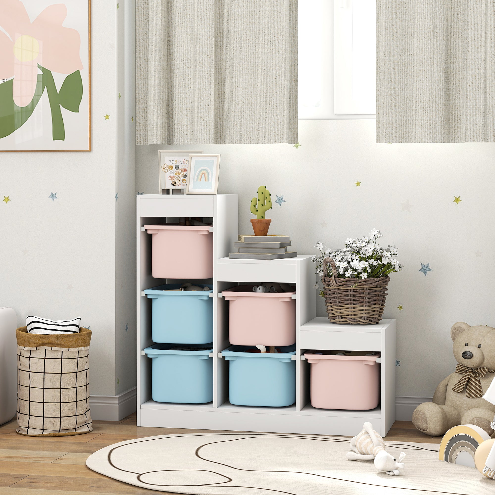 Qaba 3 Layers Toy Storage Organizer Kids Bookshelf Children Toy Storage w/ 6 Plastic Bins, Blue & Pink-Toys & Games > Toddler & Kids Furniture > Baby & Kids Storage-DECOROLALA
