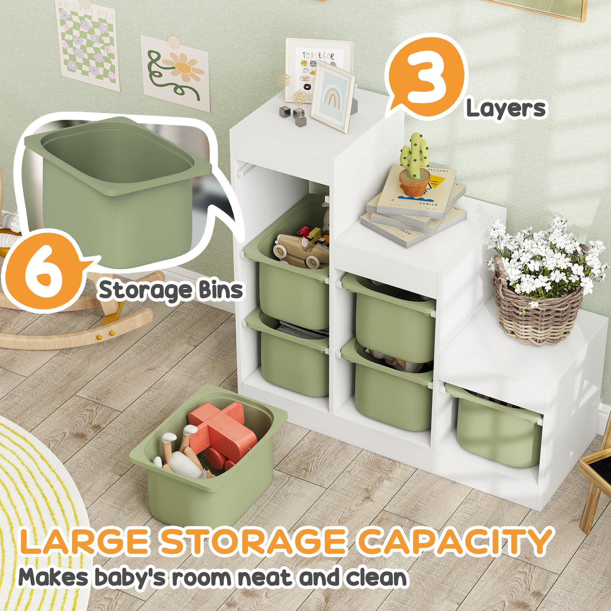 Qaba 3 Layers Toy Storage Organizer Kids Bookshelf Children Toy Storage w/ 6 Plastic Bins, Green-Toys & Games > Toddler & Kids Furniture > Baby & Kids Storage-DECOROLALA