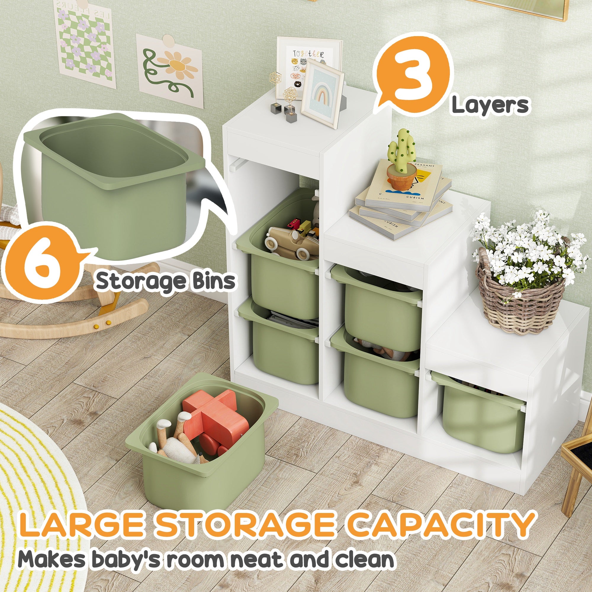 Qaba 3 Layers Toy Storage Organizer Kids Bookshelf Children Toy Storage w/ 6 Plastic Bins, Green-Toys & Games > Toddler & Kids Furniture > Baby & Kids Storage-DECOROLALA