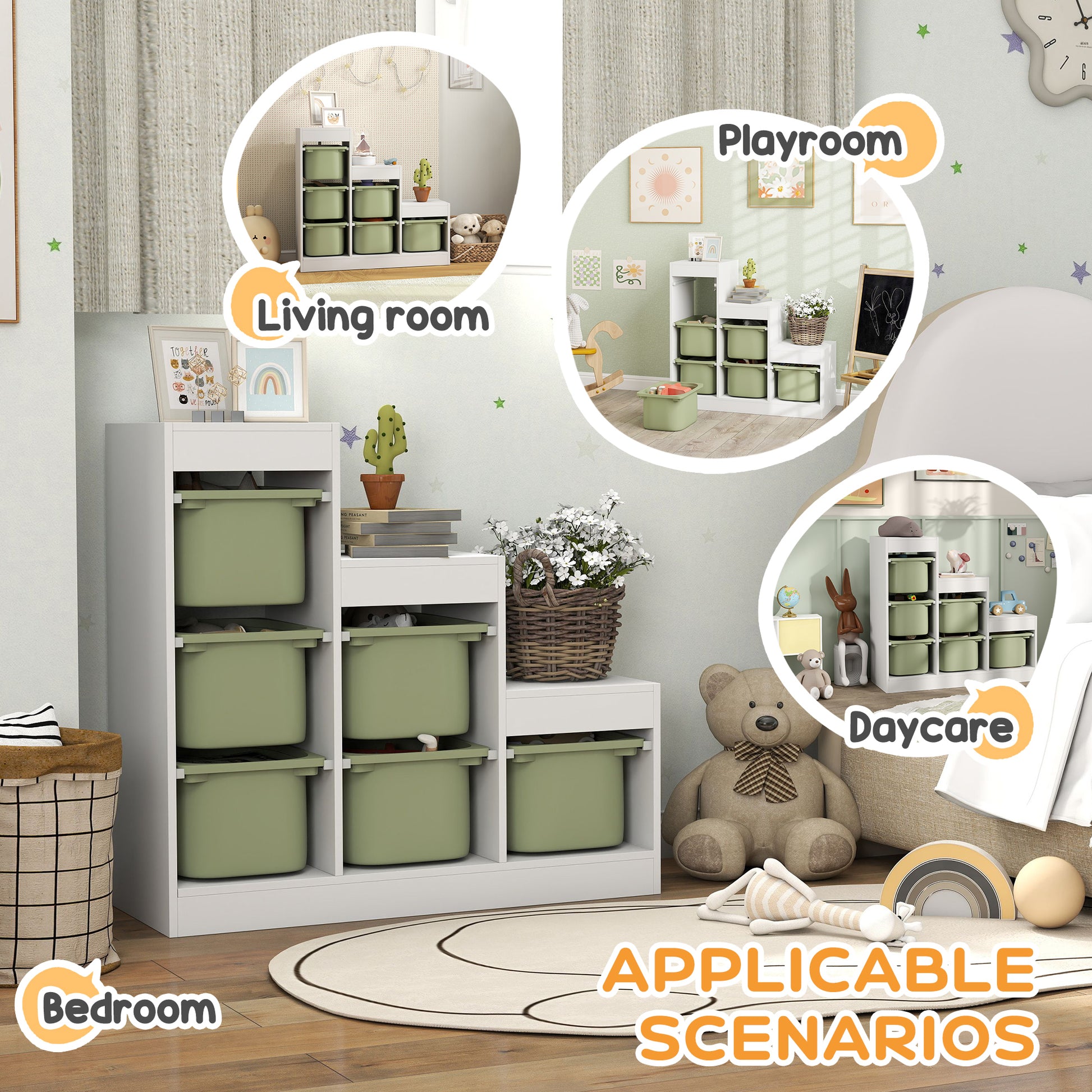 Qaba 3 Layers Toy Storage Organizer Kids Bookshelf Children Toy Storage w/ 6 Plastic Bins, Green-Toys & Games > Toddler & Kids Furniture > Baby & Kids Storage-DECOROLALA