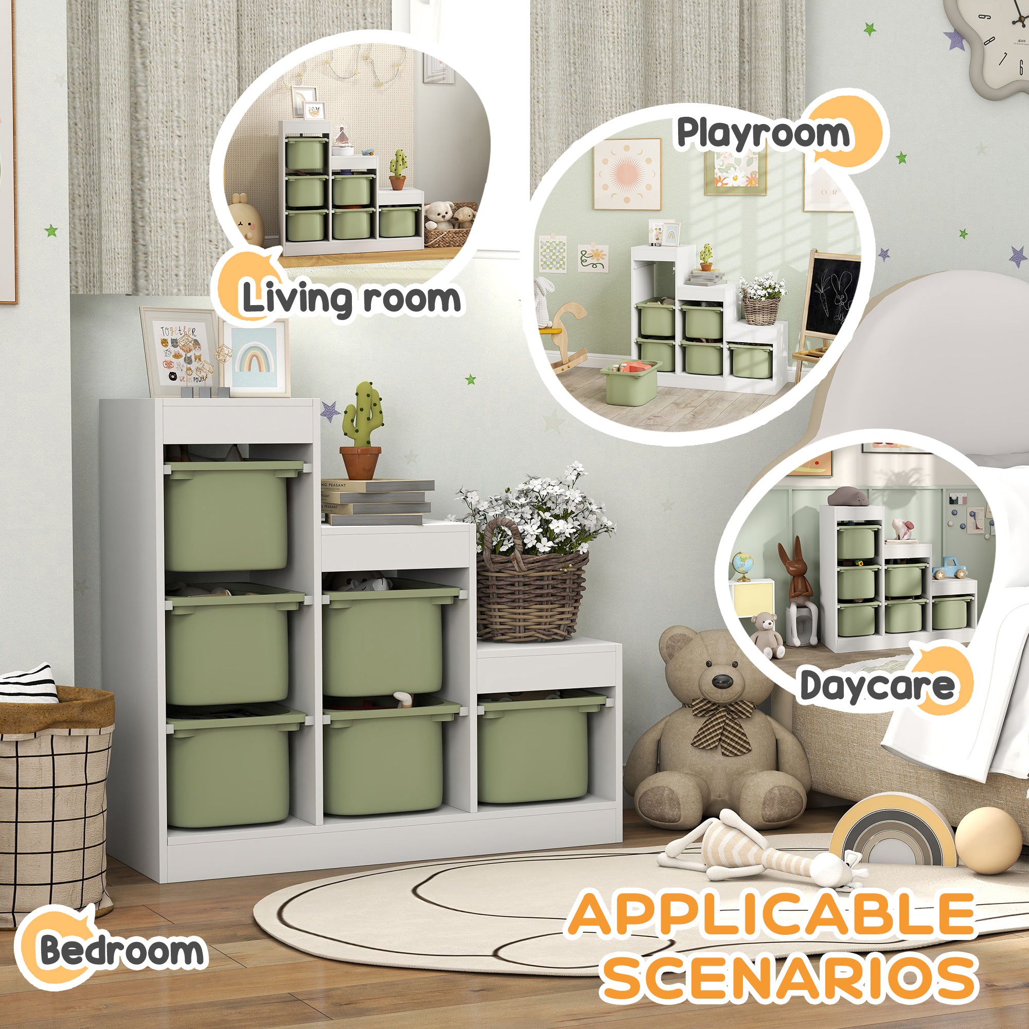 Qaba 3 Layers Toy Storage Organizer Kids Bookshelf Children Toy Storage w/ 6 Plastic Bins, Green-Toys & Games > Toddler & Kids Furniture > Baby & Kids Storage-DECOROLALA