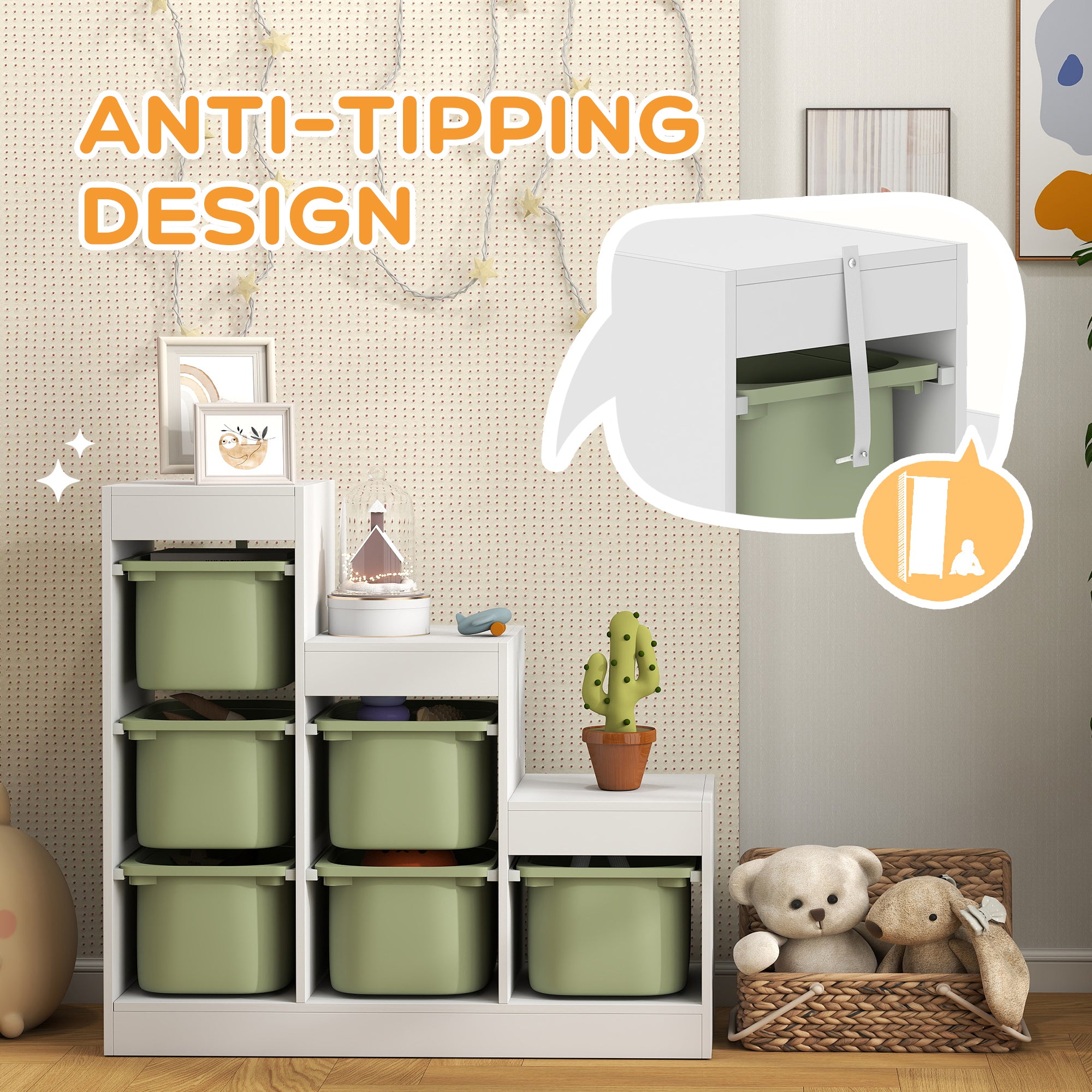Qaba 3 Layers Toy Storage Organizer Kids Bookshelf Children Toy Storage w/ 6 Plastic Bins, Green-Toys & Games > Toddler & Kids Furniture > Baby & Kids Storage-DECOROLALA