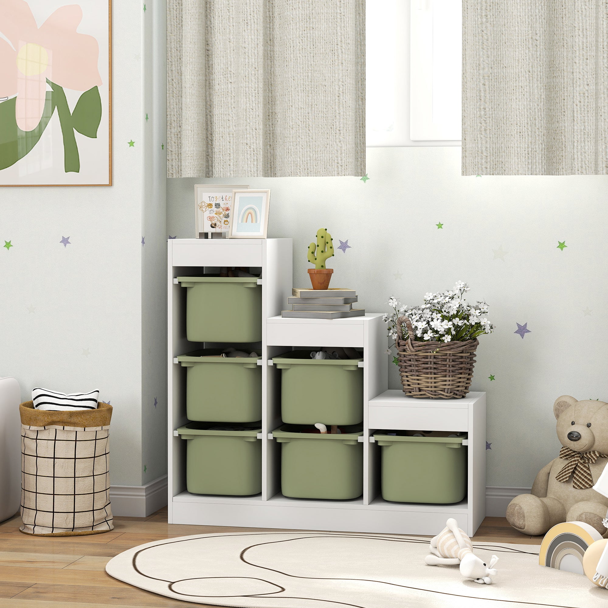 Qaba 3 Layers Toy Storage Organizer Kids Bookshelf Children Toy Storage w/ 6 Plastic Bins, Green-Toys & Games > Toddler & Kids Furniture > Baby & Kids Storage-DECOROLALA