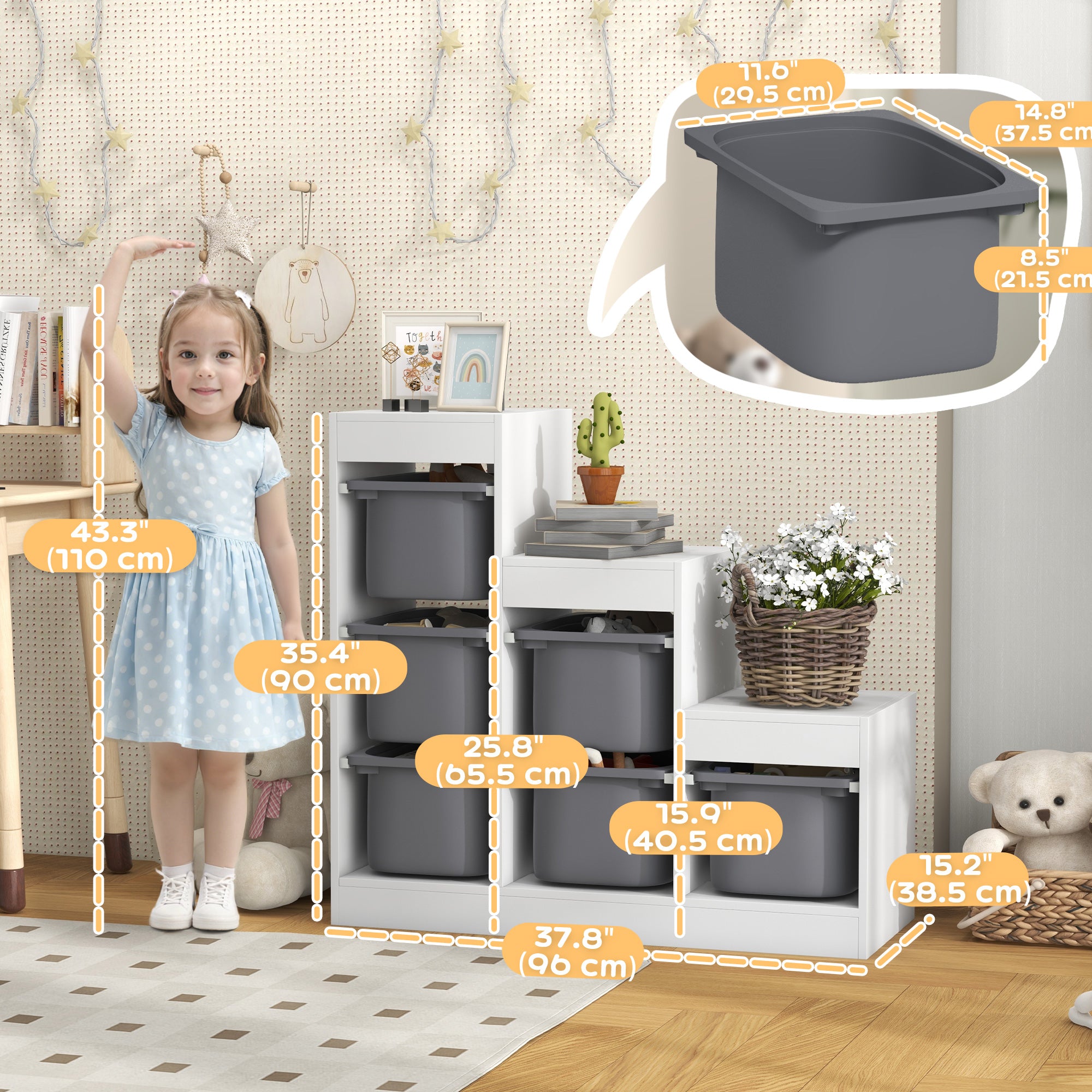 Qaba 3 Layers Toy Storage Organizer Kids Bookshelf Children Toy Storage w/ 6 Plastic Bins, Grey-Toys & Games > Toddler & Kids Furniture > Baby & Kids Storage-DECOROLALA