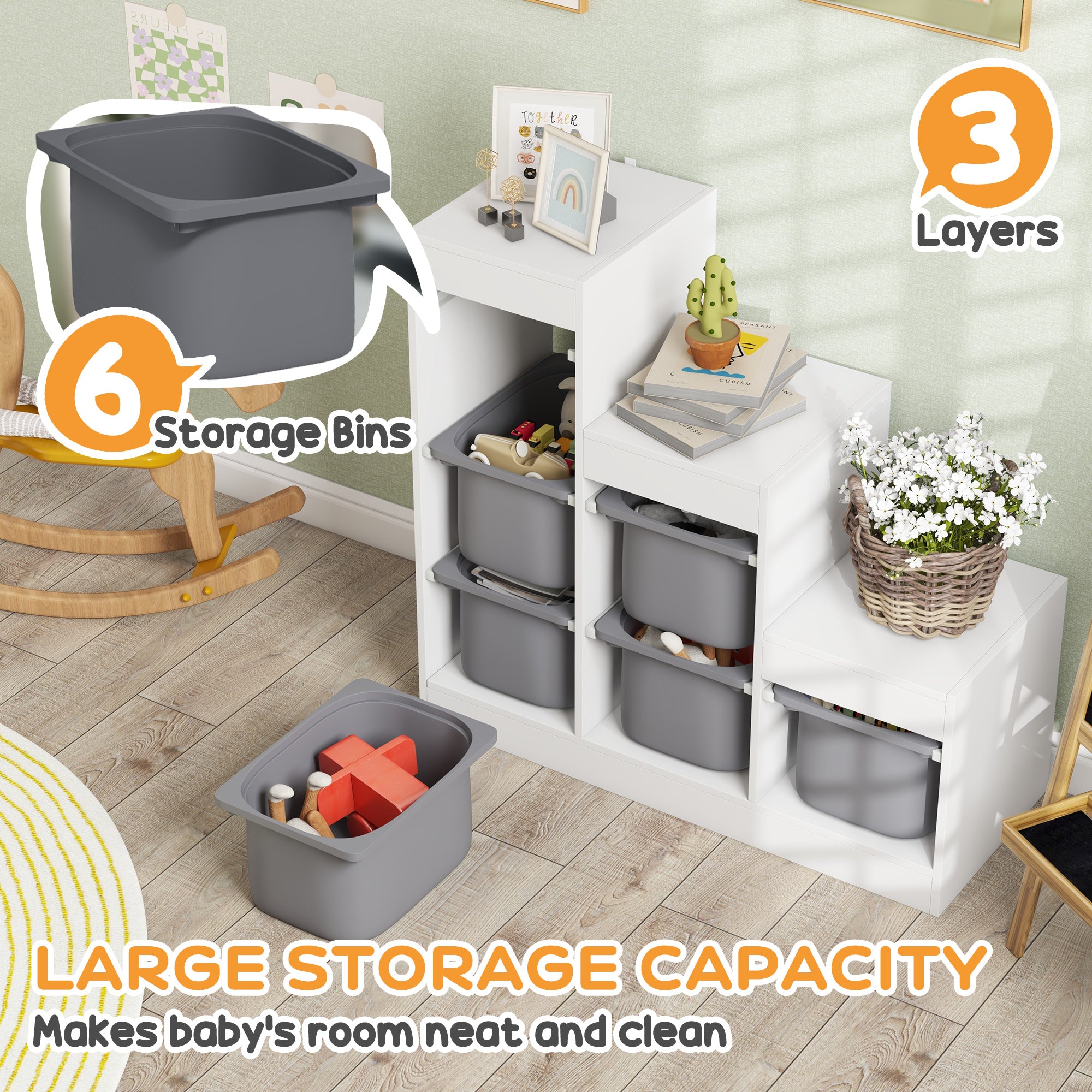 Qaba 3 Layers Toy Storage Organizer Kids Bookshelf Children Toy Storage w/ 6 Plastic Bins, Grey-Toys & Games > Toddler & Kids Furniture > Baby & Kids Storage-DECOROLALA