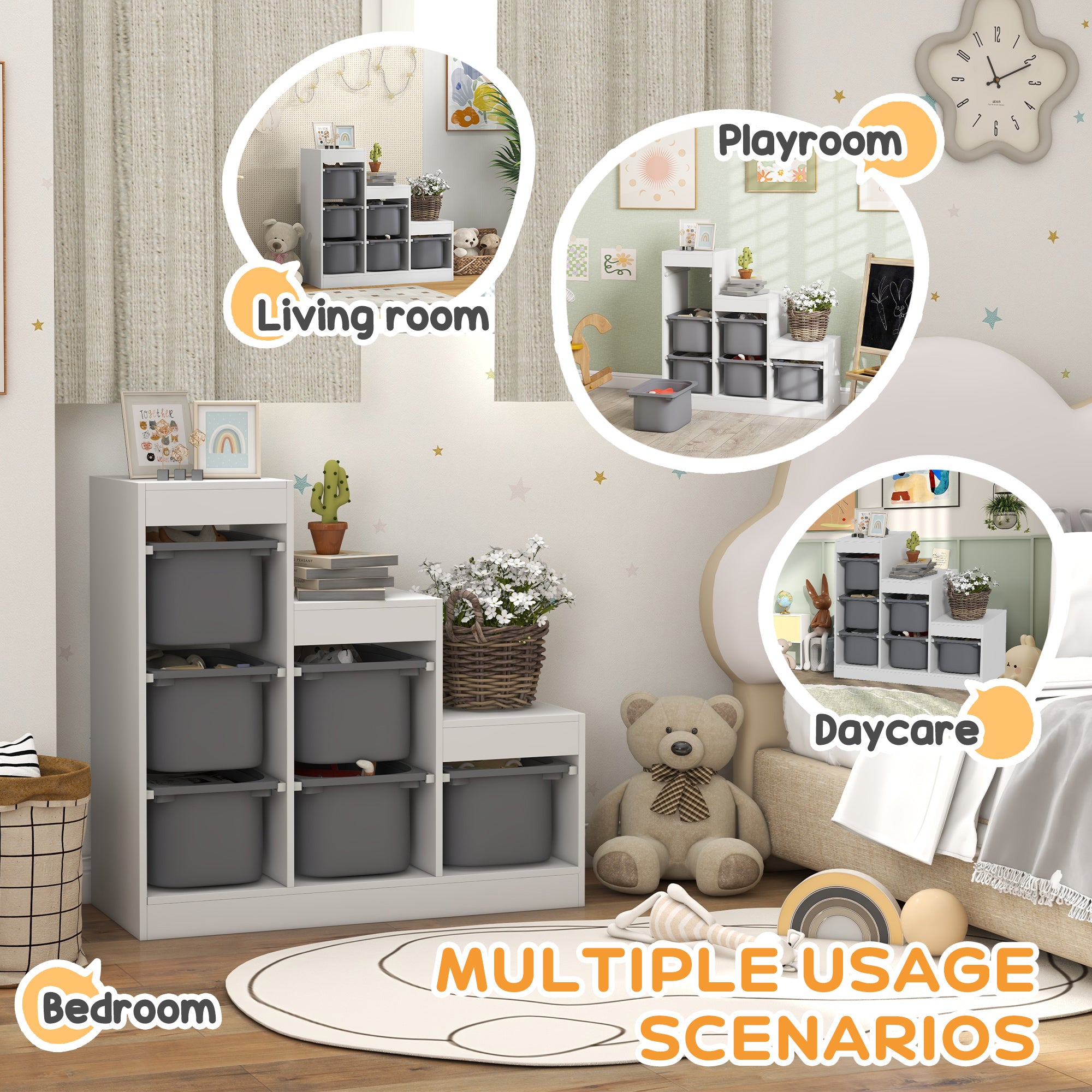 Qaba 3 Layers Toy Storage Organizer Kids Bookshelf Children Toy Storage w/ 6 Plastic Bins, Grey-Toys & Games > Toddler & Kids Furniture > Baby & Kids Storage-DECOROLALA