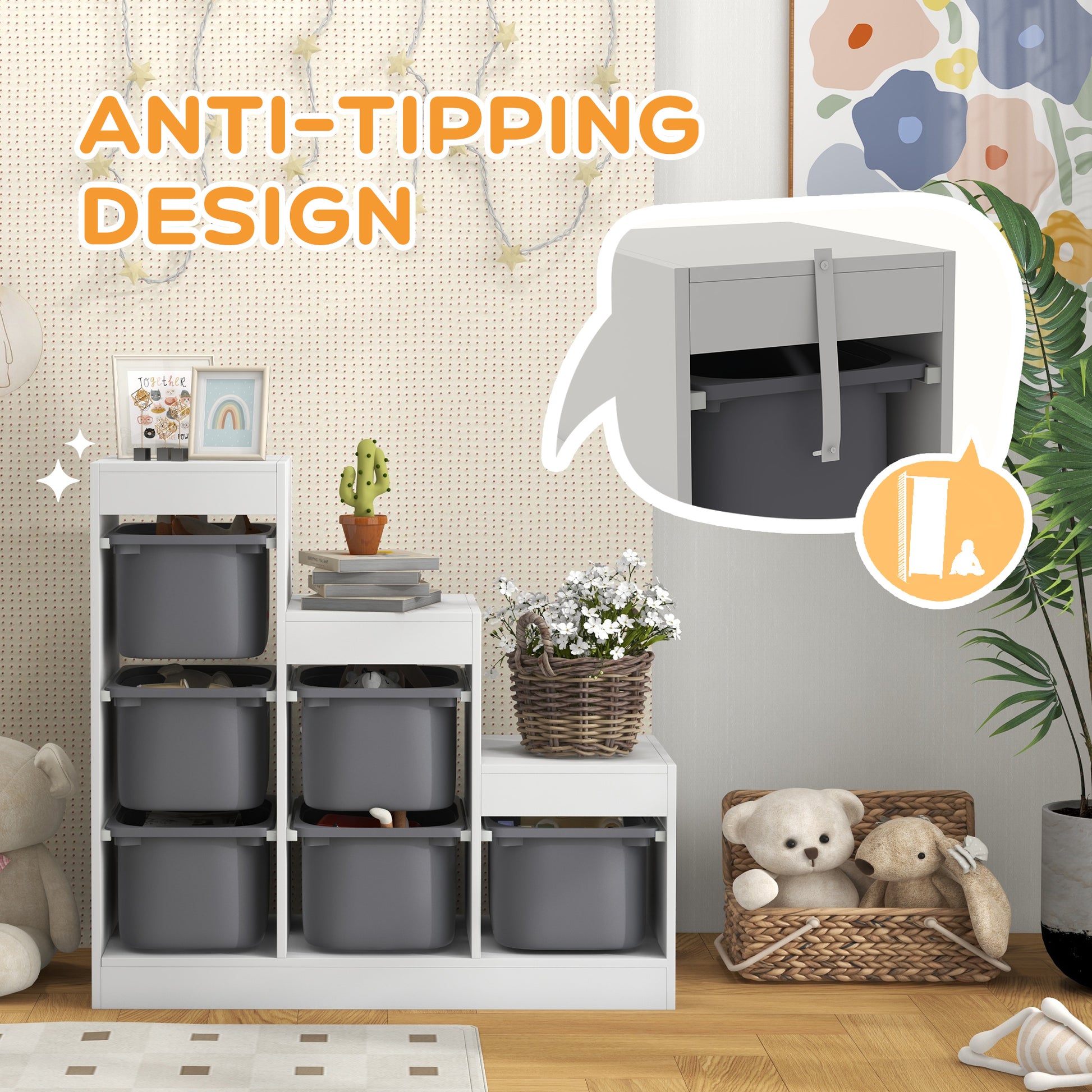 Qaba 3 Layers Toy Storage Organizer Kids Bookshelf Children Toy Storage w/ 6 Plastic Bins, Grey-Toys & Games > Toddler & Kids Furniture > Baby & Kids Storage-DECOROLALA