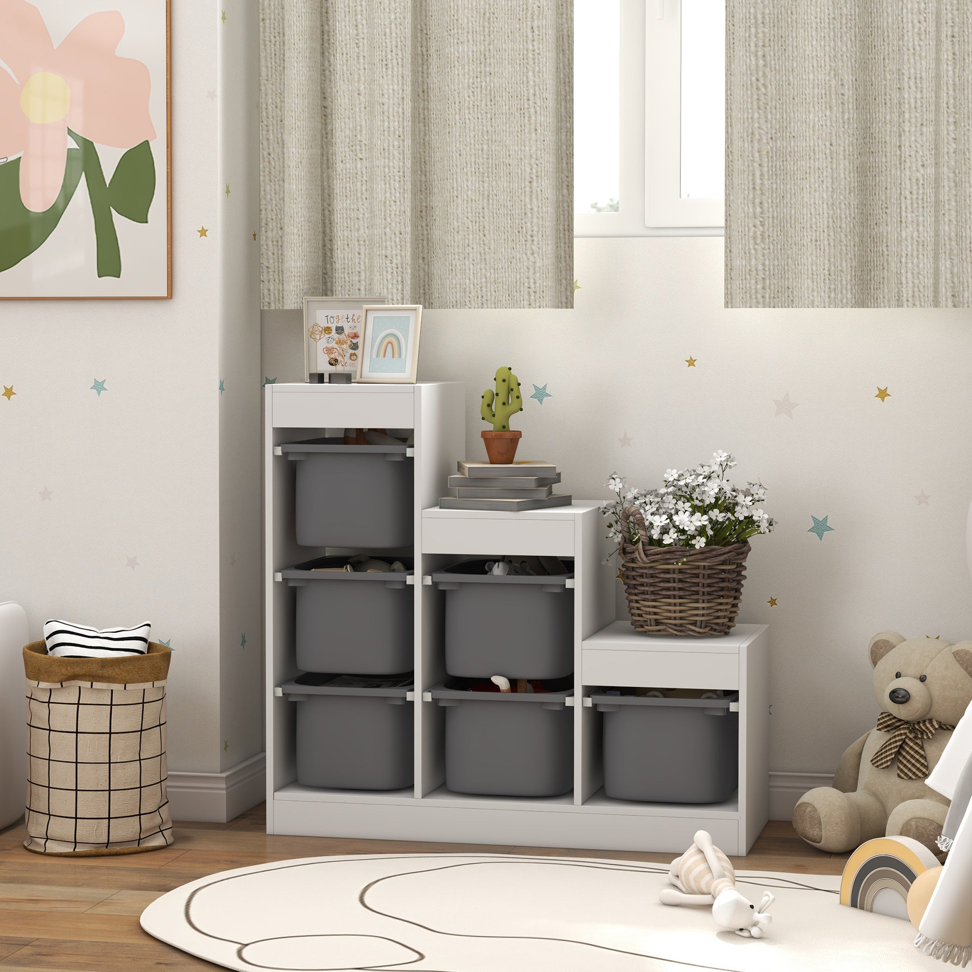 Qaba 3 Layers Toy Storage Organizer Kids Bookshelf Children Toy Storage w/ 6 Plastic Bins, Grey-Toys & Games > Toddler & Kids Furniture > Baby & Kids Storage-DECOROLALA