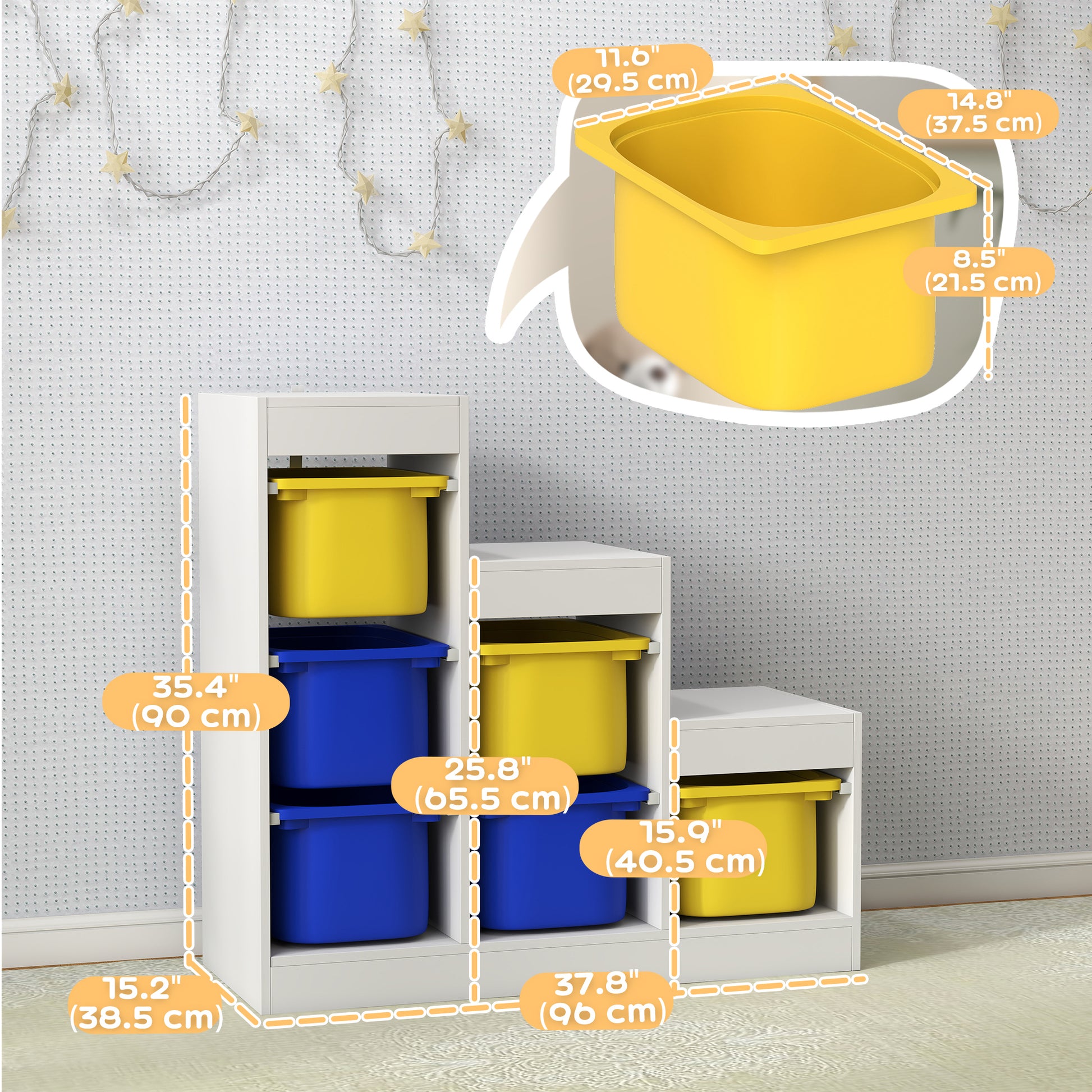 Qaba 3 Layers Toy Storage Organizer Kids Bookshelf Children Toy Storage w/ 6 Plastic Bins, Yellow & Blue-Toys & Games > Toddler & Kids Furniture > Baby & Kids Storage-DECOROLALA