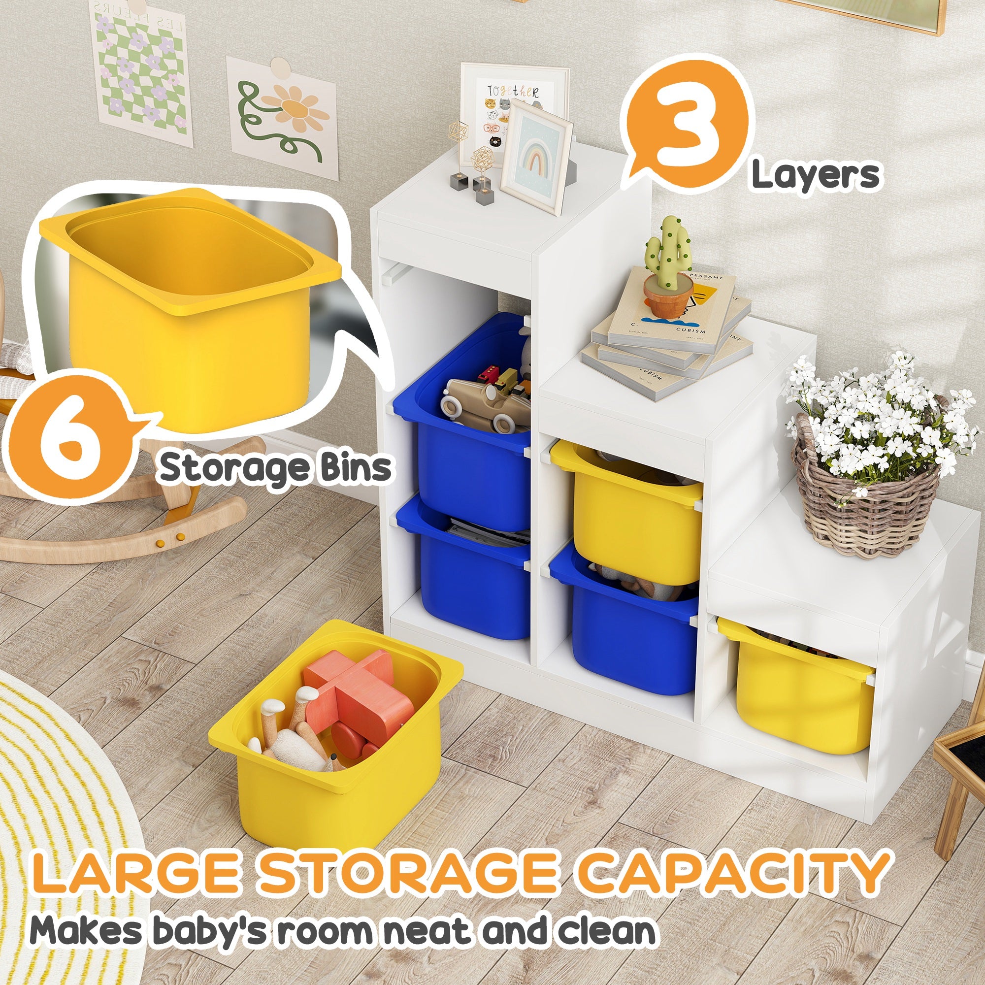 Qaba 3 Layers Toy Storage Organizer Kids Bookshelf Children Toy Storage w/ 6 Plastic Bins, Yellow & Blue-Toys & Games > Toddler & Kids Furniture > Baby & Kids Storage-DECOROLALA