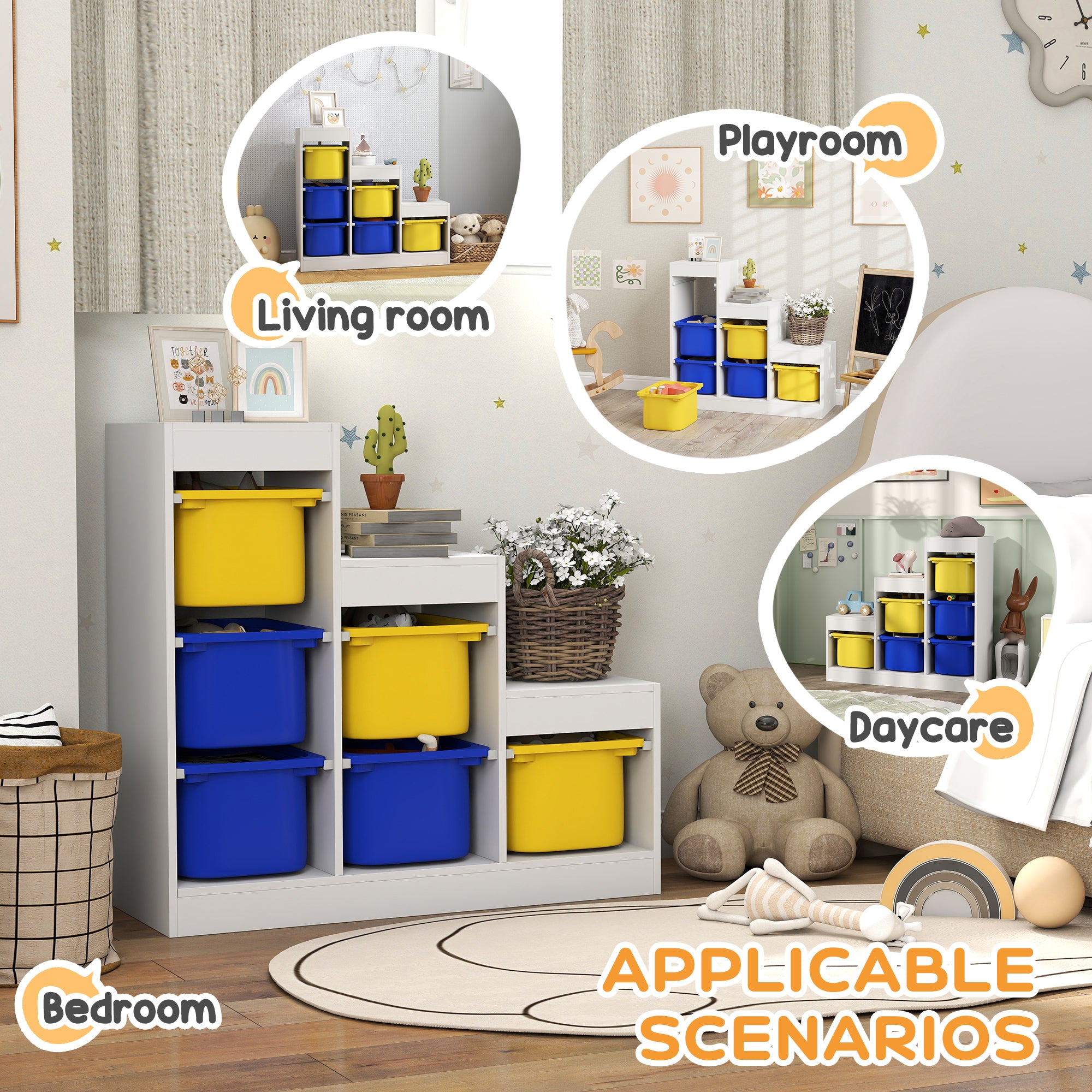 Qaba 3 Layers Toy Storage Organizer Kids Bookshelf Children Toy Storage w/ 6 Plastic Bins, Yellow & Blue-Toys & Games > Toddler & Kids Furniture > Baby & Kids Storage-DECOROLALA