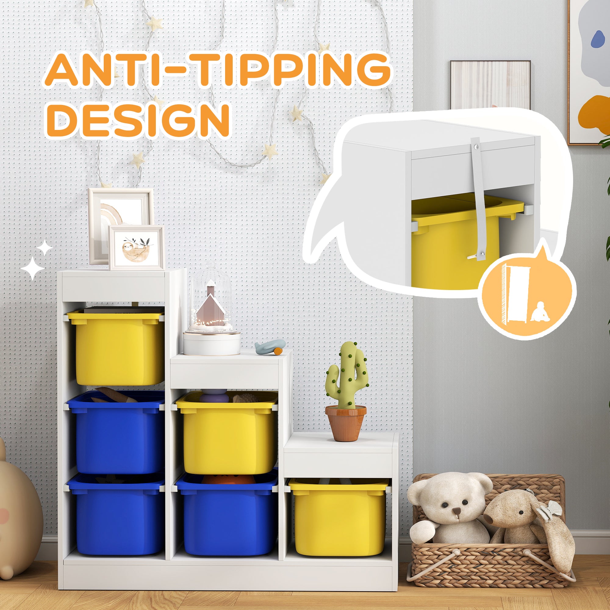 Qaba 3 Layers Toy Storage Organizer Kids Bookshelf Children Toy Storage w/ 6 Plastic Bins, Yellow & Blue-Toys & Games > Toddler & Kids Furniture > Baby & Kids Storage-DECOROLALA