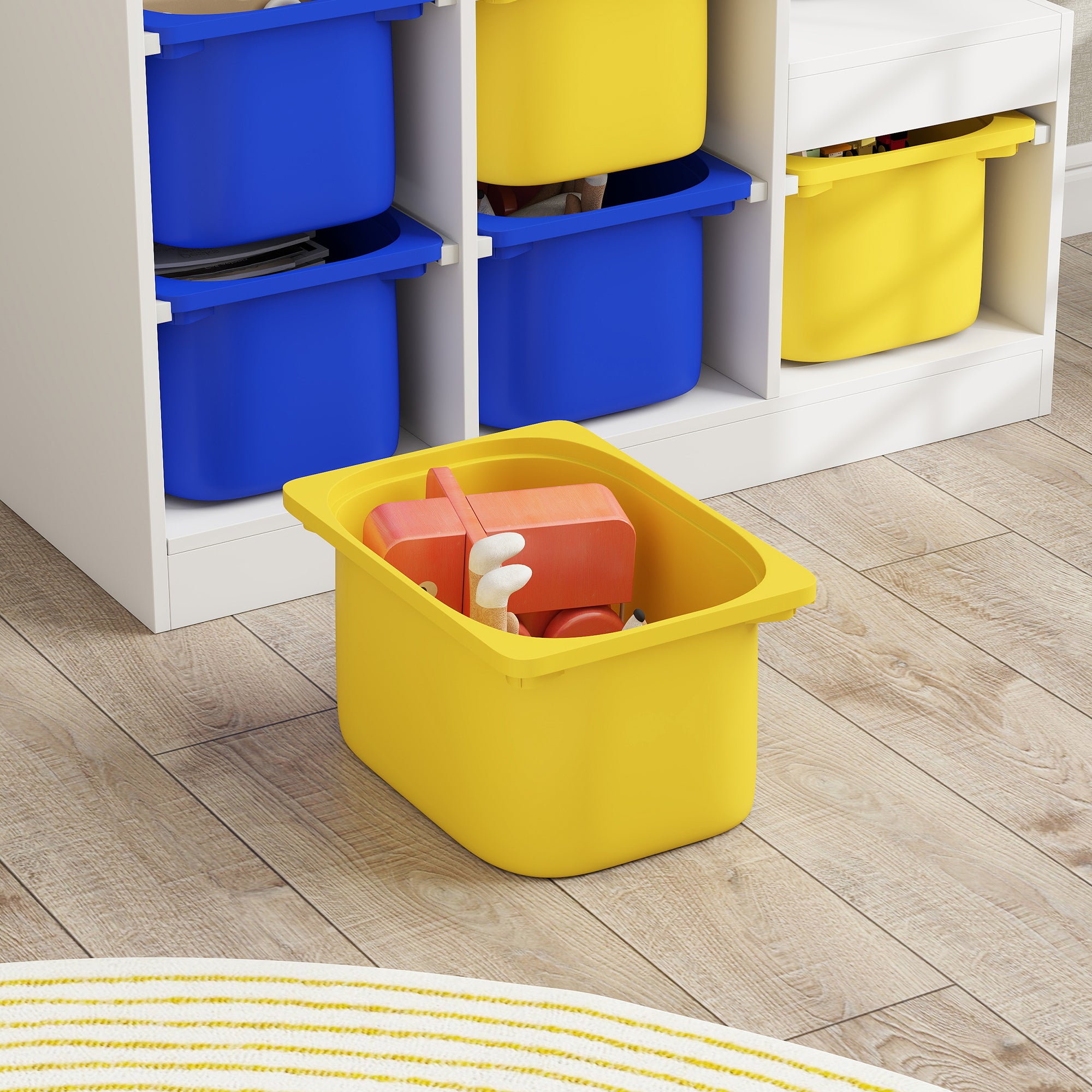 Qaba 3 Layers Toy Storage Organizer Kids Bookshelf Children Toy Storage w/ 6 Plastic Bins, Yellow & Blue-Toys & Games > Toddler & Kids Furniture > Baby & Kids Storage-DECOROLALA