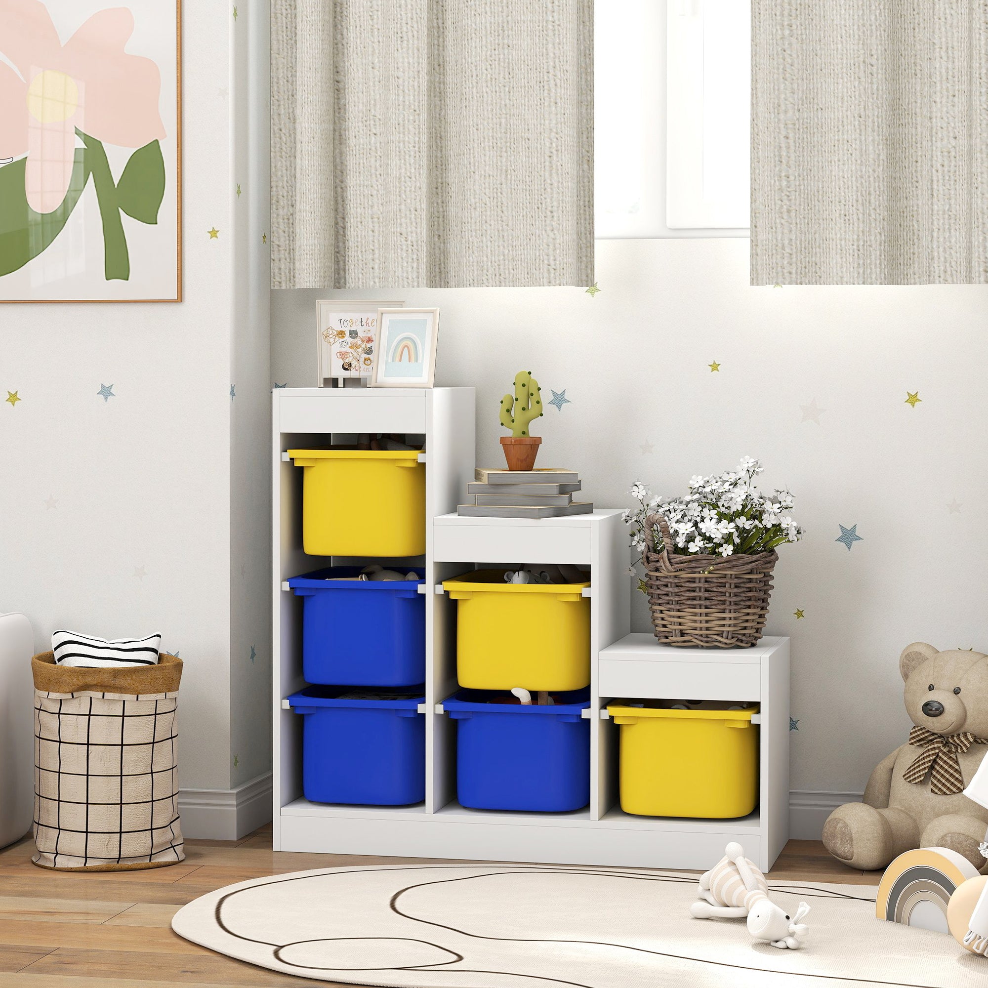 Qaba 3 Layers Toy Storage Organizer Kids Bookshelf Children Toy Storage w/ 6 Plastic Bins, Yellow & Blue-Toys & Games > Toddler & Kids Furniture > Baby & Kids Storage-DECOROLALA