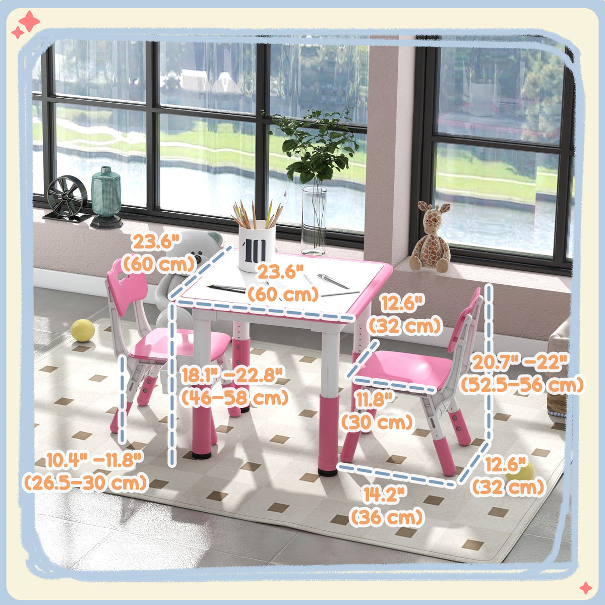 Qaba 3-Piece Height Adjustable Kids Table and Chair Set - Pink-Toys & Games > Toddler & Kids Furniture > Kids Table Sets-DECOROLALA