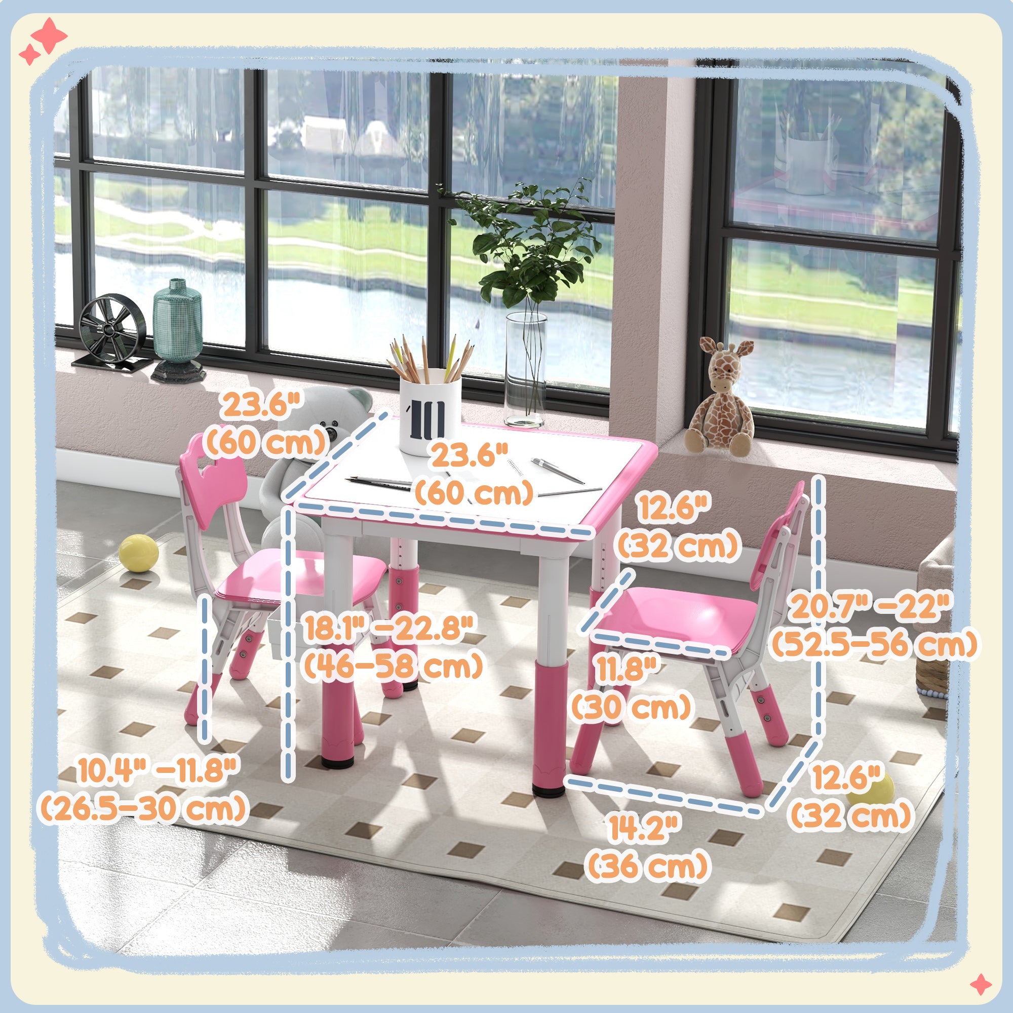 Qaba 3-Piece Height Adjustable Kids Table and Chair Set - Pink-Toys & Games > Toddler & Kids Furniture > Kids Table Sets-DECOROLALA