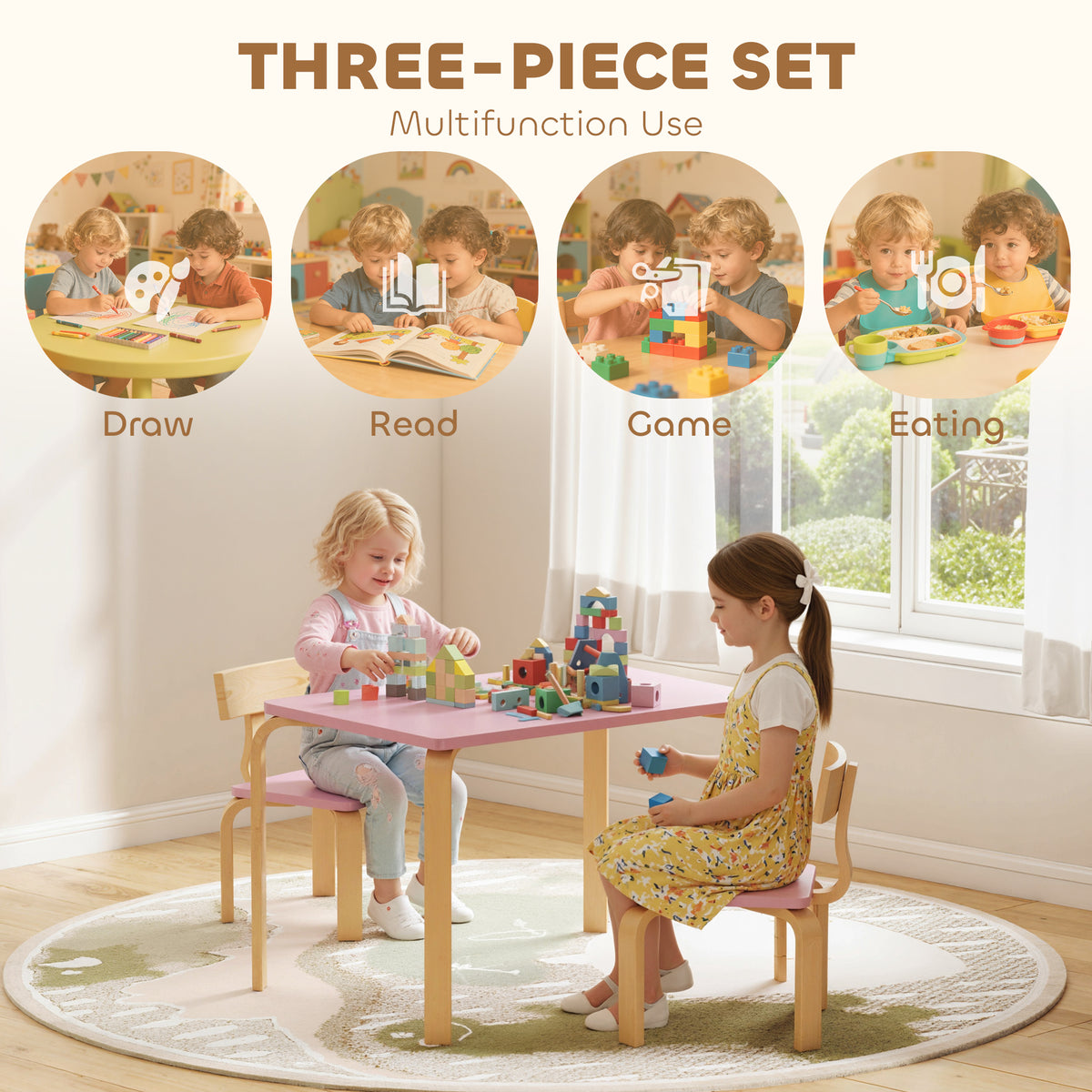 Qaba 3-Piece Kids Table and 2 Chair Set - Pink Wooden Furniture-Toys & Games > Toddler & Kids Furniture > Kids Table Sets-DECOROLALA