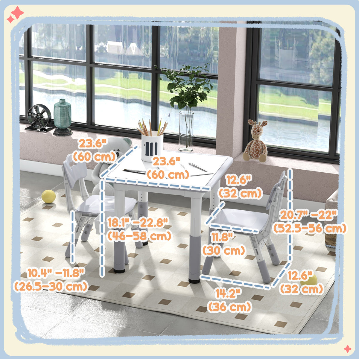 Qaba 3-Piece Kids Table and Chair Set, Height Adjustable - Grey-Toys & Games > Toddler & Kids Furniture > Kids Table Sets-DECOROLALA