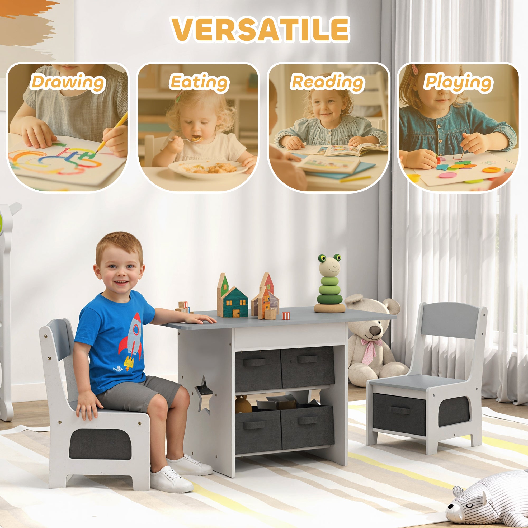Qaba 3 Piece Kids Table and Chair Set with 6 Removable Drawers, for Classroom, Living Room, Bedroom, Nursery, Light Grey-Toys & Games > Toddler & Kids Furniture > Kids Table Sets-DECOROLALA