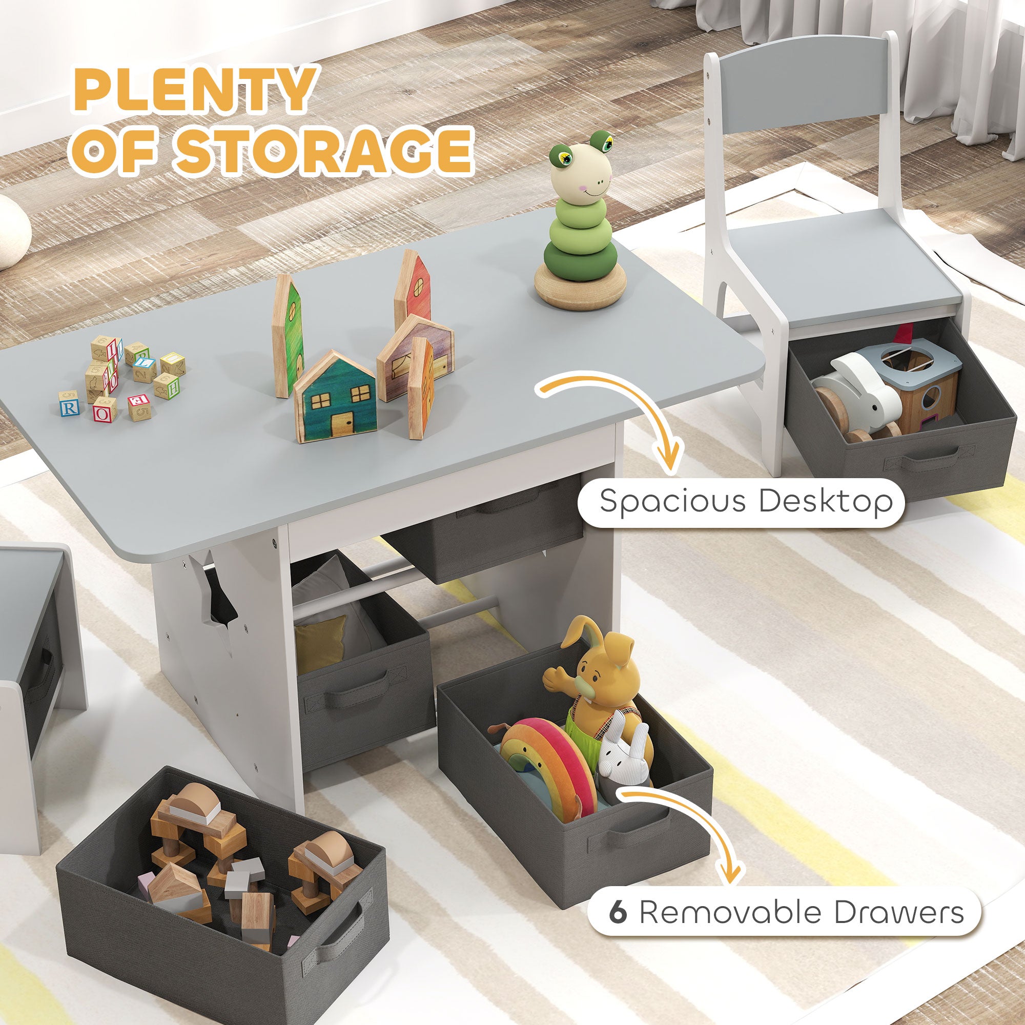 Qaba 3 Piece Kids Table and Chair Set with 6 Removable Drawers, for Classroom, Living Room, Bedroom, Nursery, Light Grey-Toys & Games > Toddler & Kids Furniture > Kids Table Sets-DECOROLALA