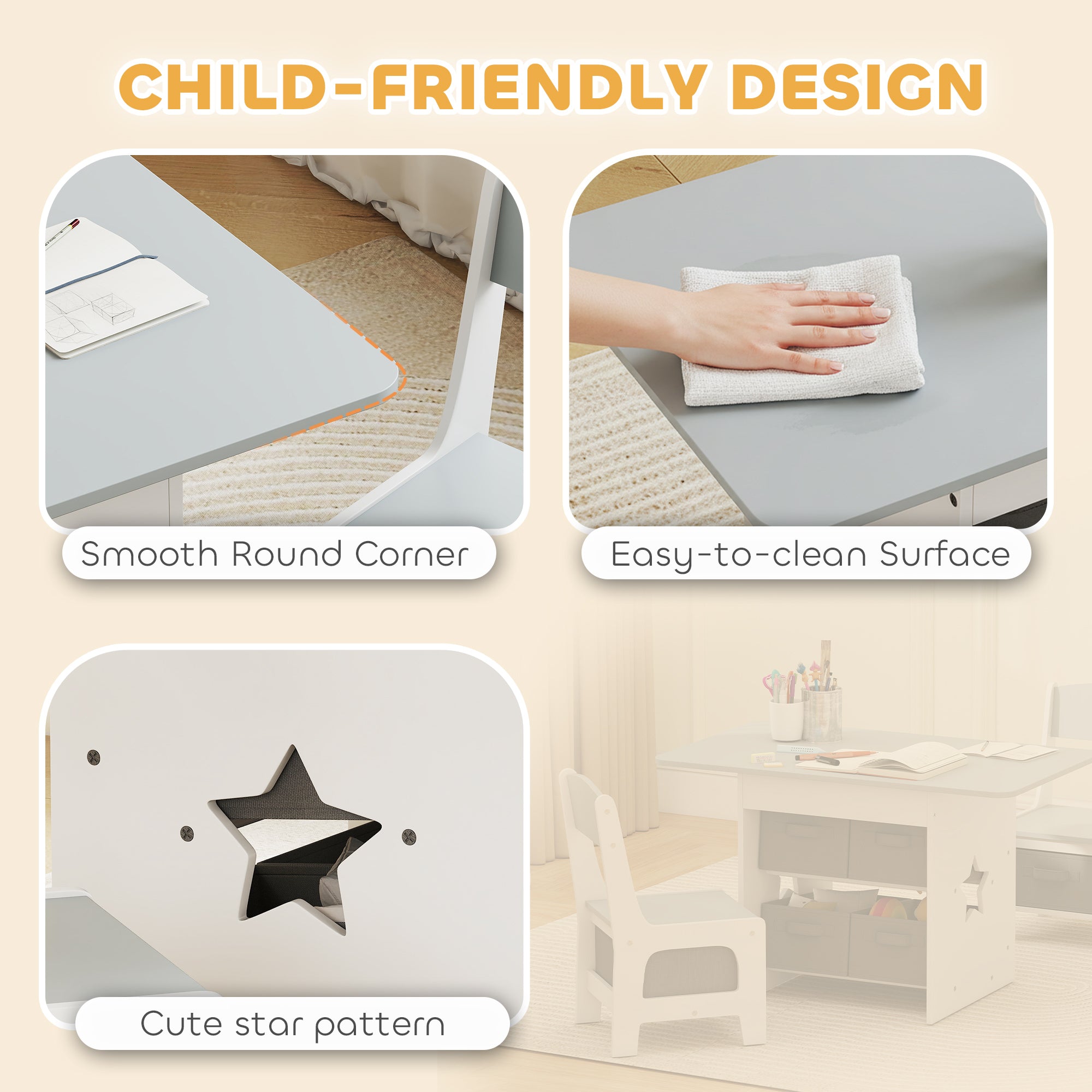 Qaba 3 Piece Kids Table and Chair Set with 6 Removable Drawers, for Classroom, Living Room, Bedroom, Nursery, Light Grey-Toys & Games > Toddler & Kids Furniture > Kids Table Sets-DECOROLALA