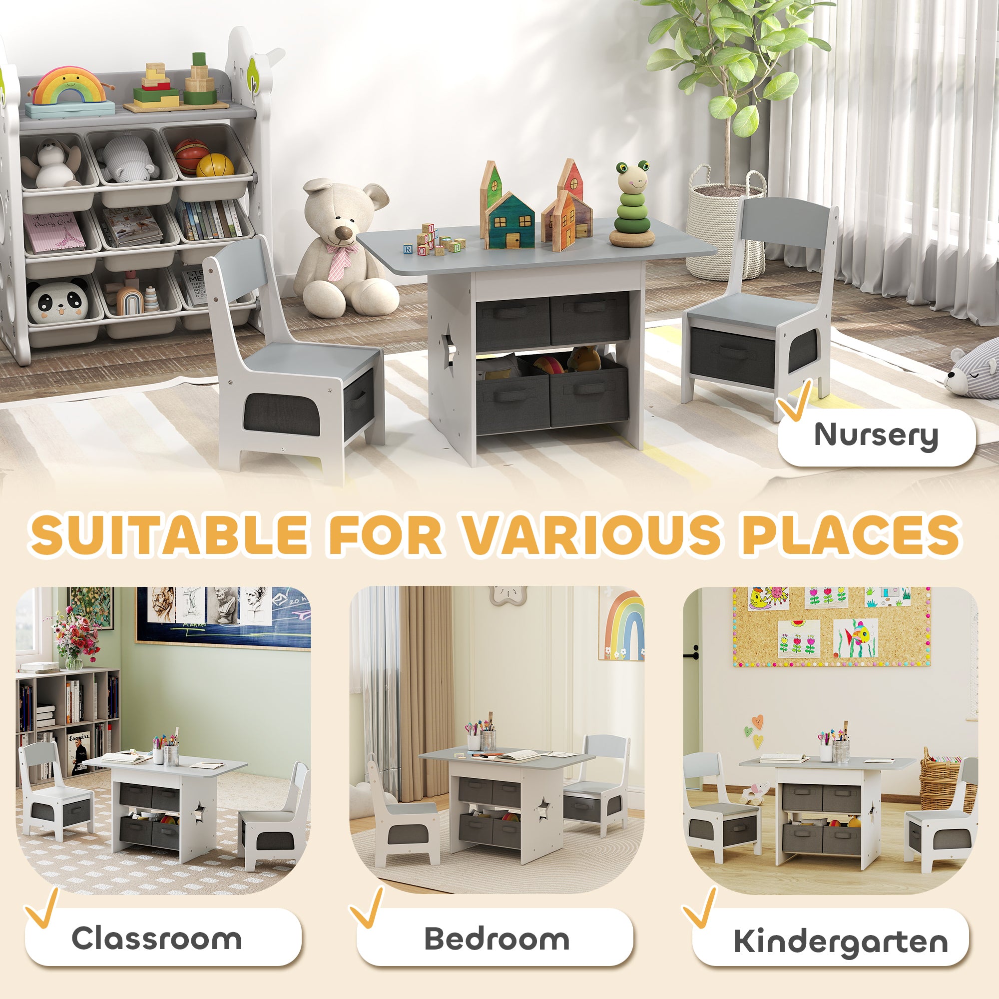 Qaba 3 Piece Kids Table and Chair Set with 6 Removable Drawers, for Classroom, Living Room, Bedroom, Nursery, Light Grey-Toys & Games > Toddler & Kids Furniture > Kids Table Sets-DECOROLALA