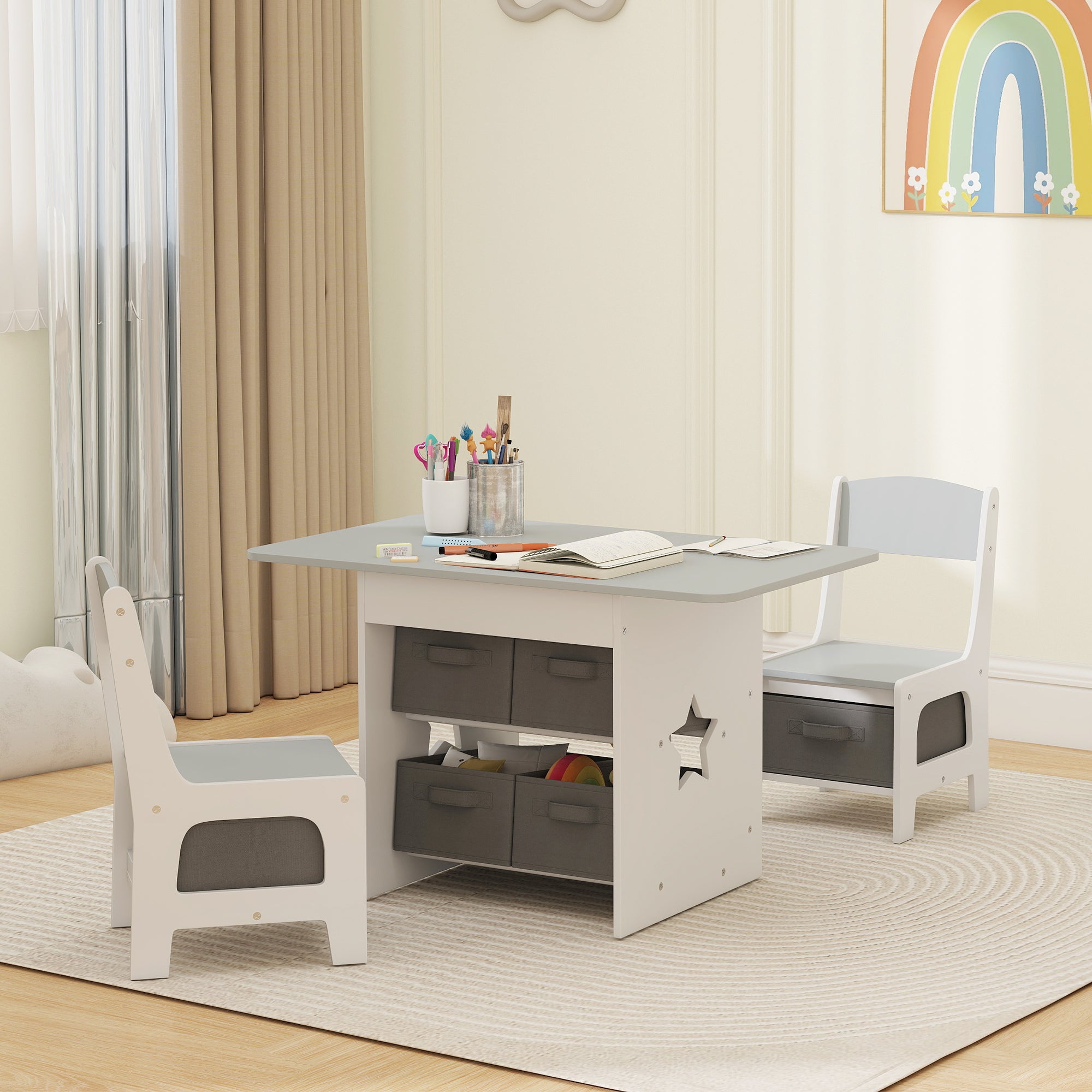 Qaba 3 Piece Kids Table and Chair Set with 6 Removable Drawers, for Classroom, Living Room, Bedroom, Nursery, Light Grey-Toys & Games > Toddler & Kids Furniture > Kids Table Sets-DECOROLALA
