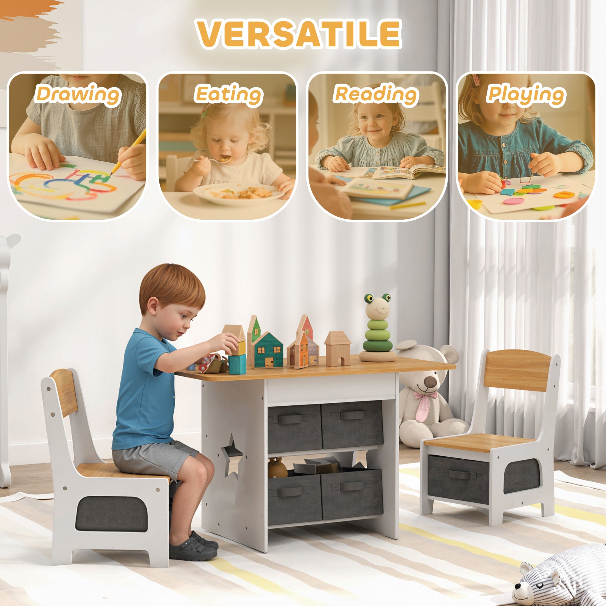 Qaba 3 Piece Kids Table and Chair Set with 6 Removable Drawers, for Classroom, Living Room, Bedroom, Nursery, Natural-Toys & Games > Toddler & Kids Furniture > Kids Table Sets-DECOROLALA